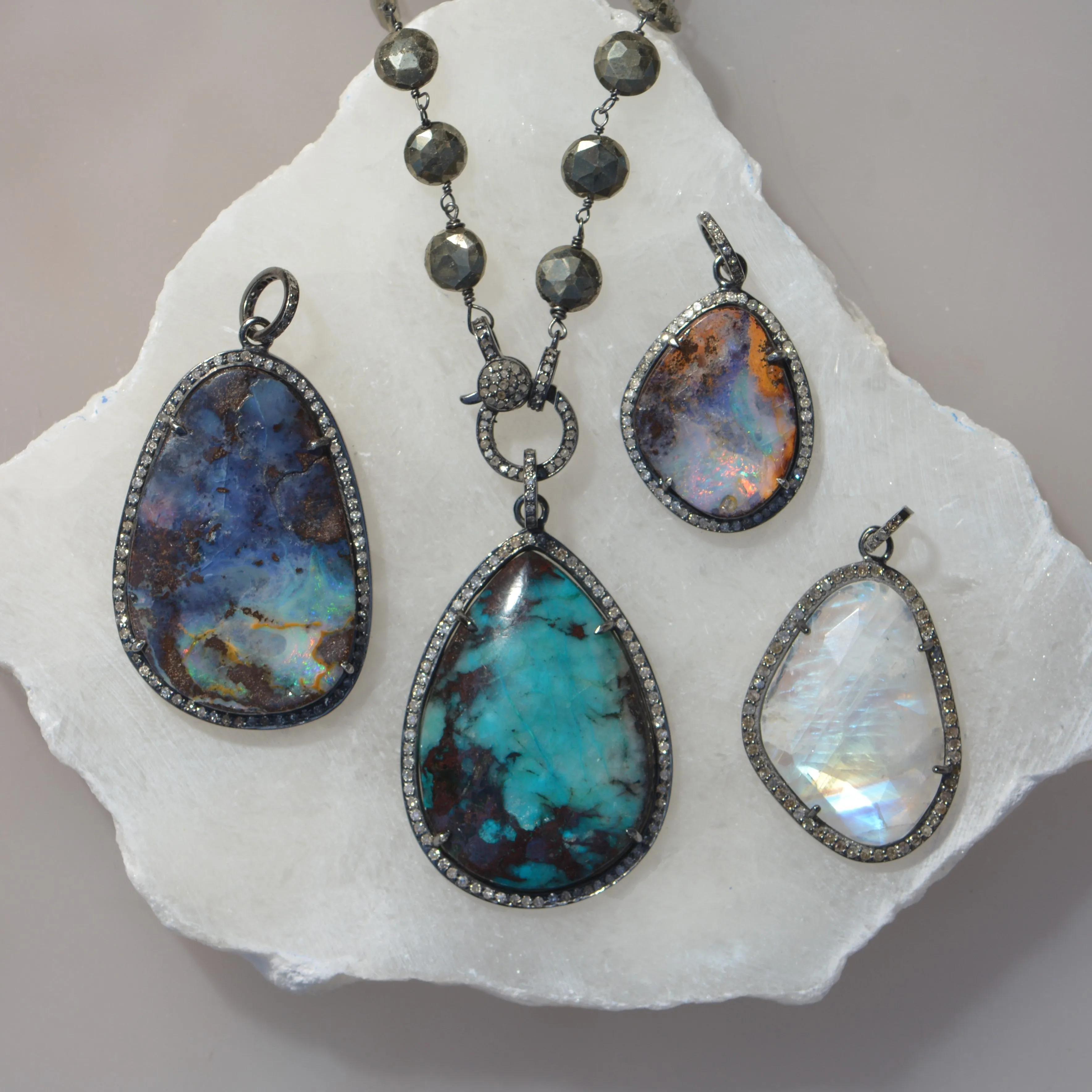 Moonstone, Chrysocolla, or Boulder Pendant on Diamond Pyrite Chain