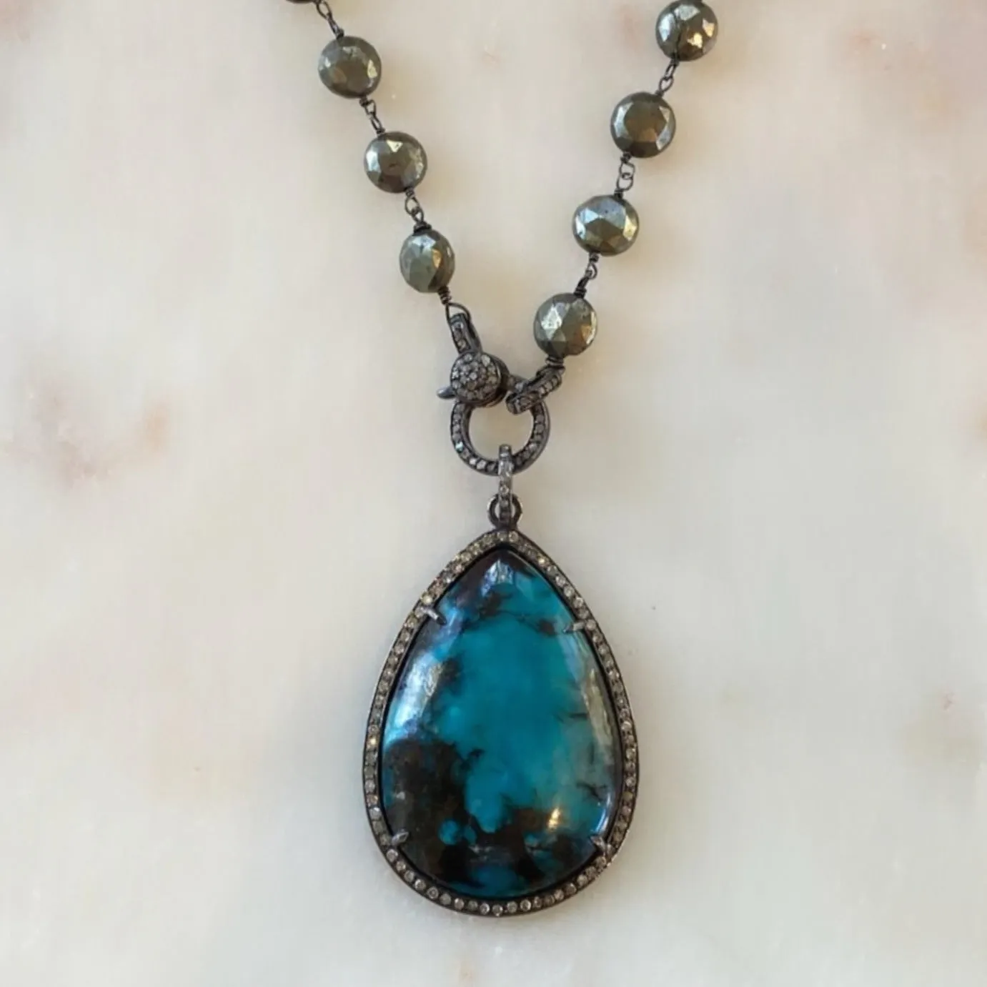 Moonstone, Chrysocolla, or Boulder Pendant on Diamond Pyrite Chain