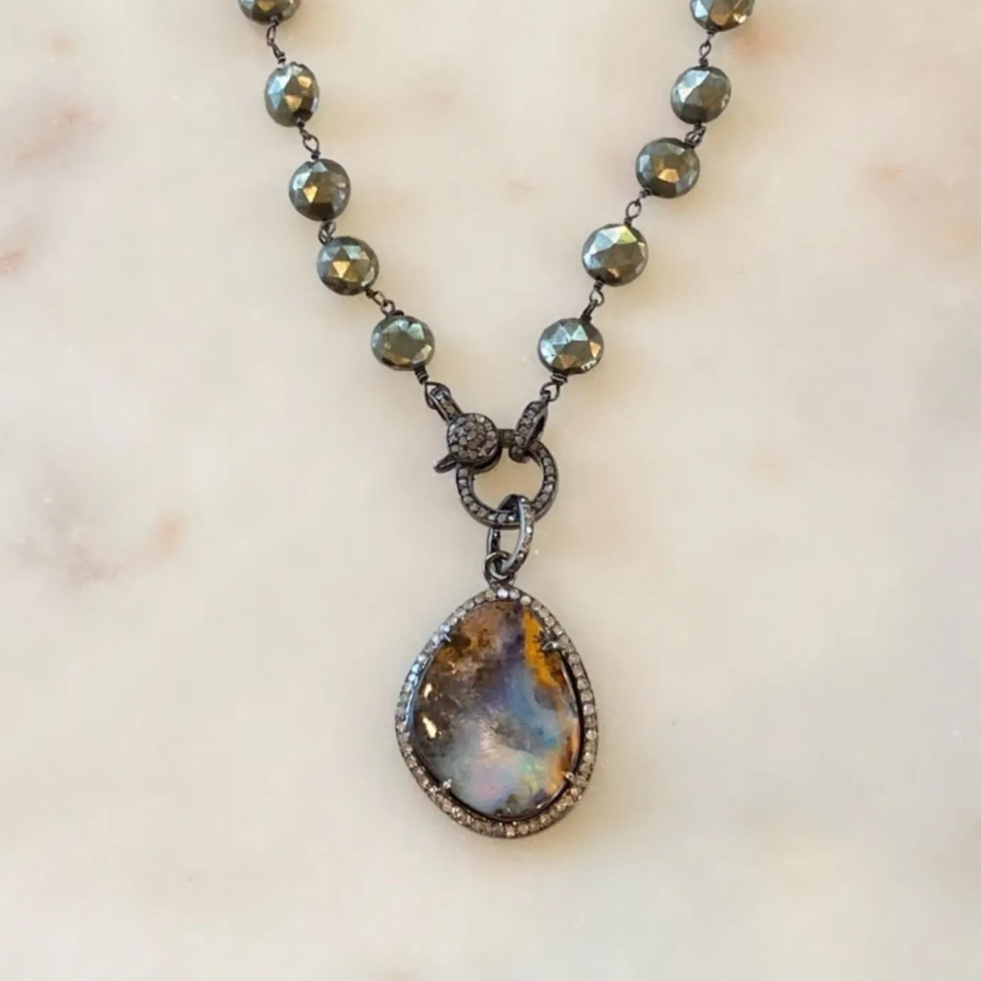 Moonstone, Chrysocolla, or Boulder Pendant on Diamond Pyrite Chain