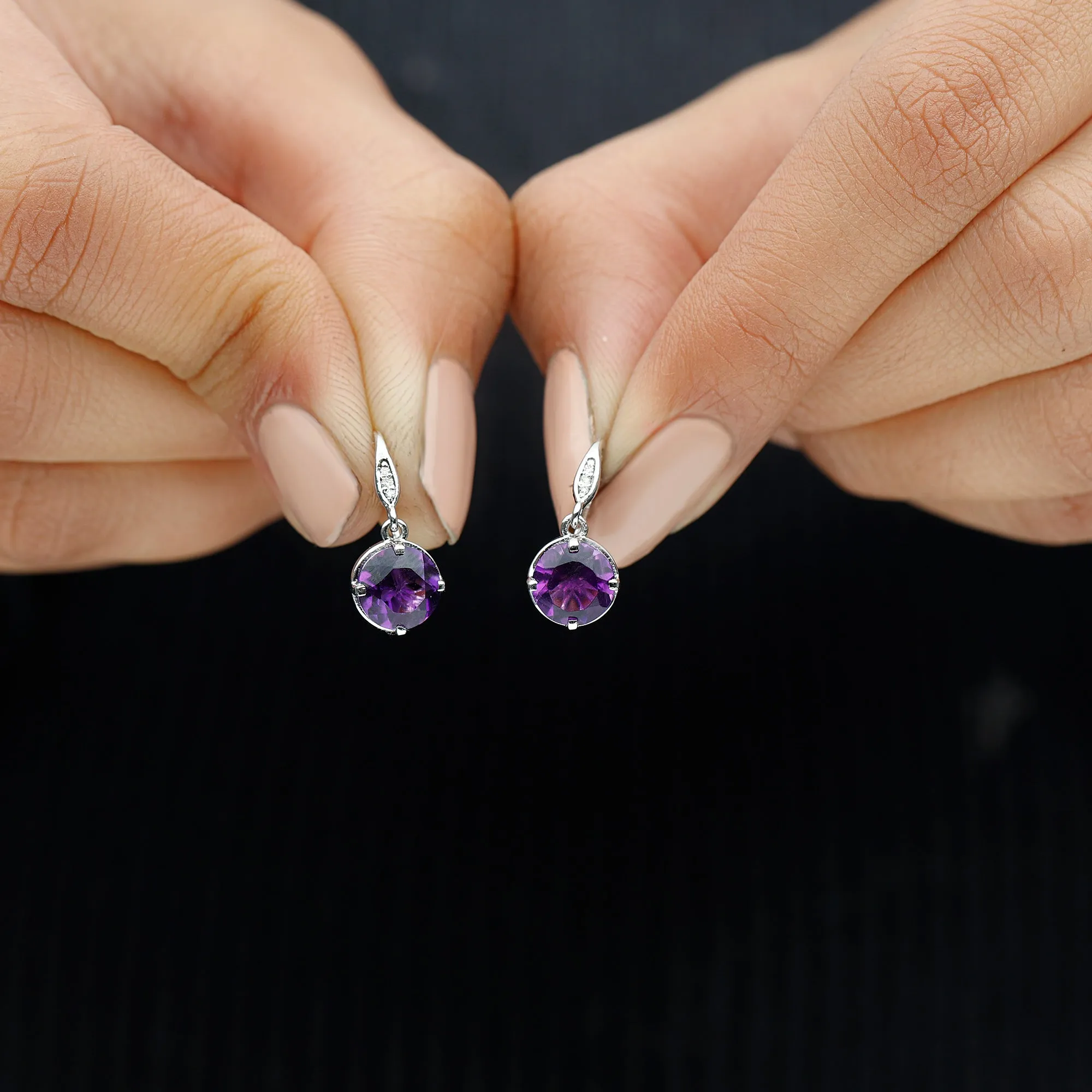 Natural Amethyst Solitaire Drop Earrings with Diamond