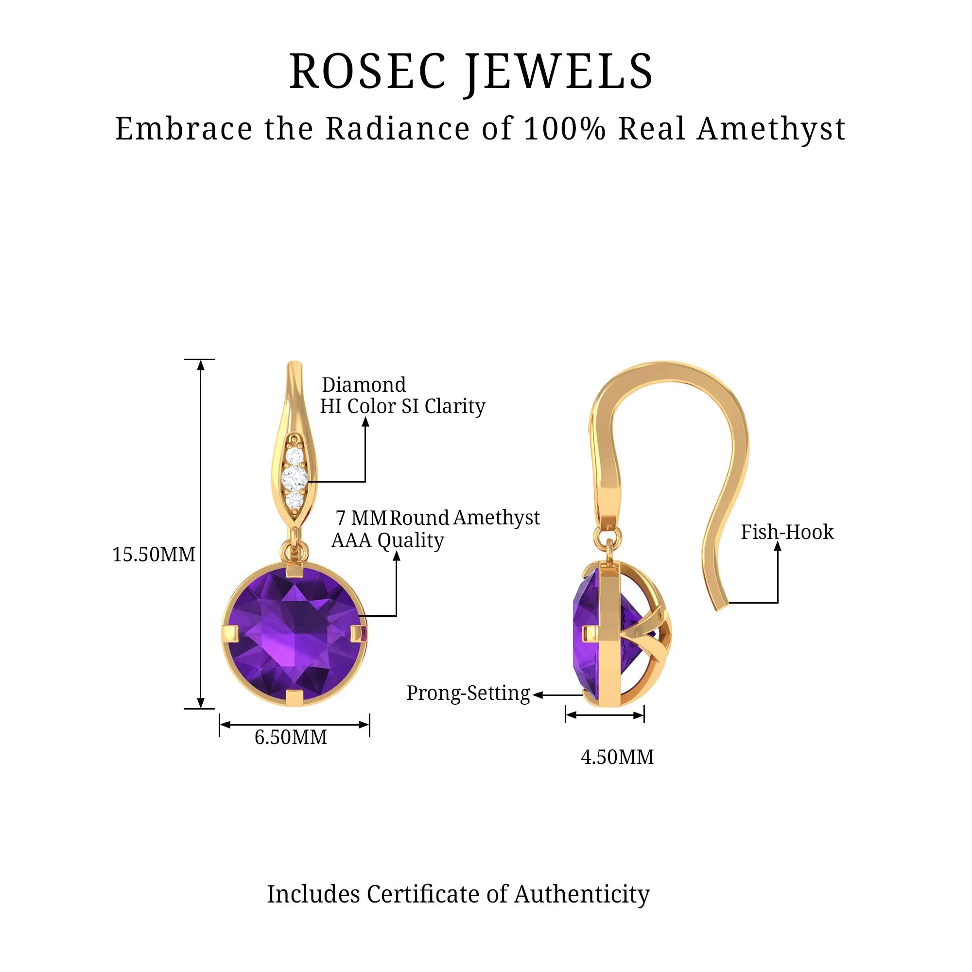 Natural Amethyst Solitaire Drop Earrings with Diamond