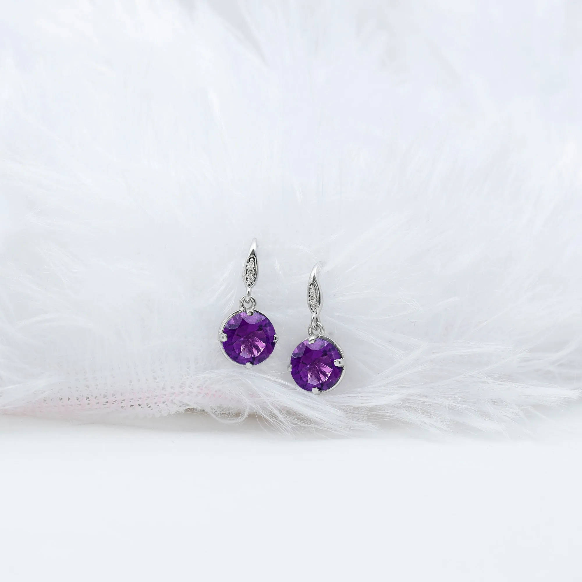 Natural Amethyst Solitaire Drop Earrings with Diamond