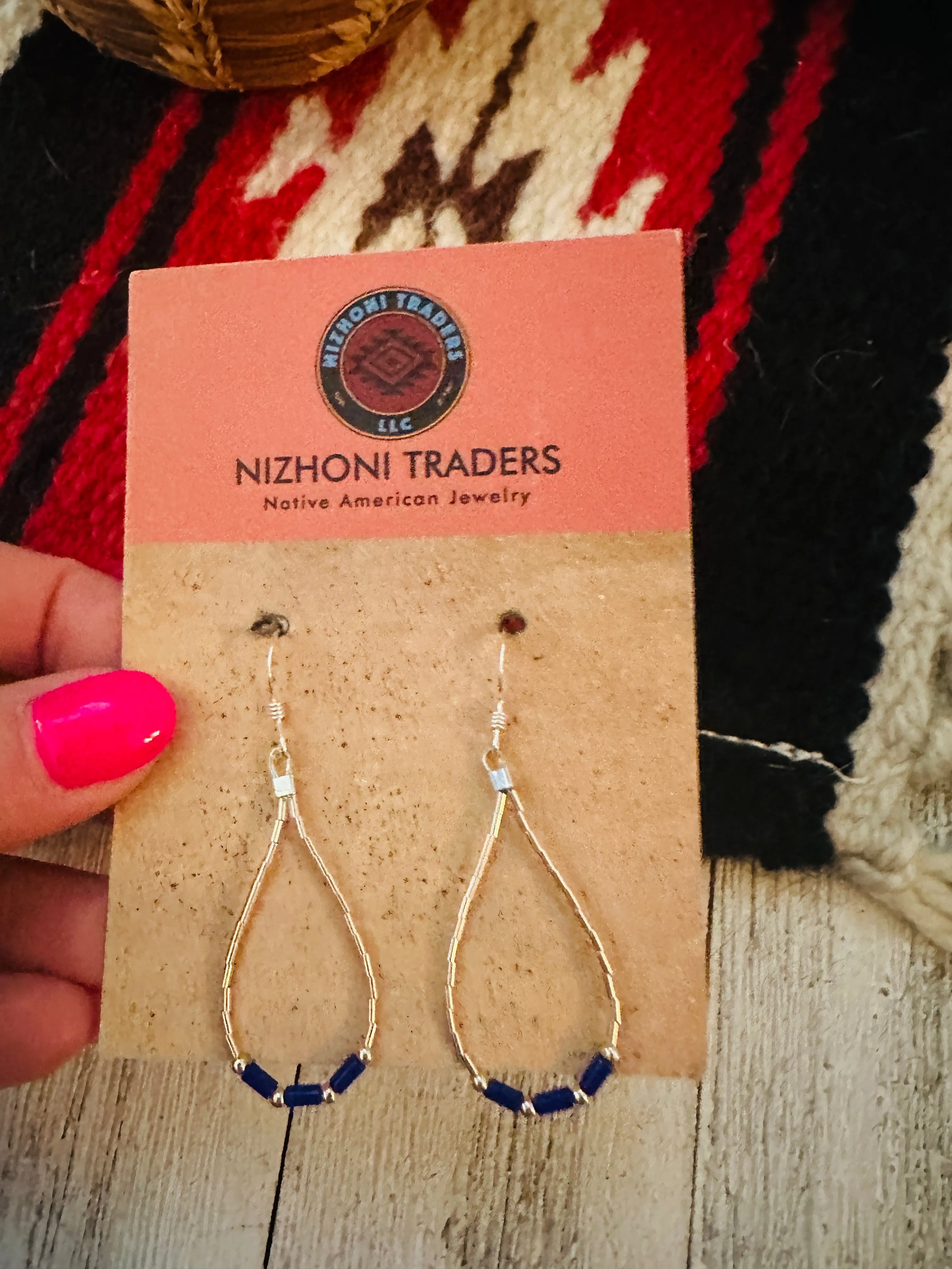 Navajo Sterling Liquid Silver & Lapis Beaded Dangle Earrings