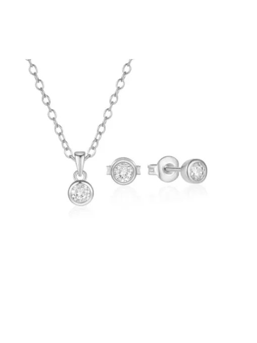 Necklace and Earrings Set, .925 Sterling Silver Bezel Zircon Tiny Dainty Minimalist Necklace