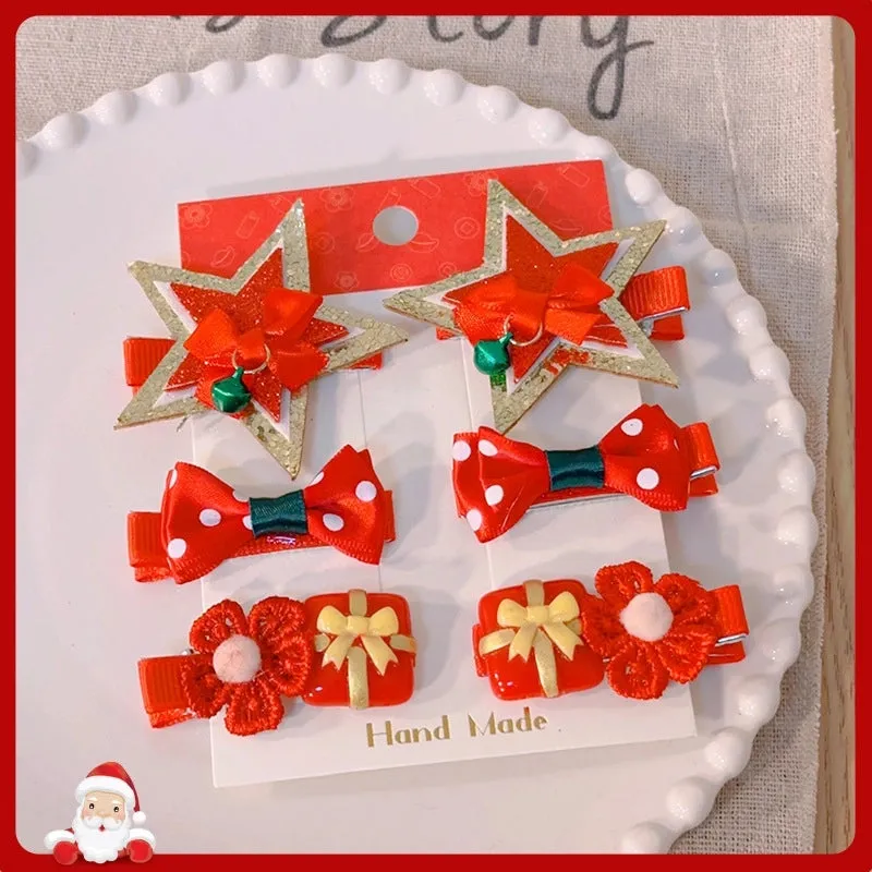 New Christmas Bow Hairpin Cute Headwear Cartoon Fabric Bell Elk Snowflake Christmas Tree Hairpin Set