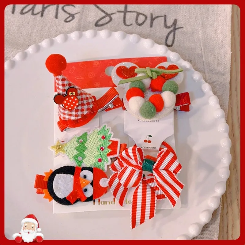 New Christmas Bow Hairpin Cute Headwear Cartoon Fabric Bell Elk Snowflake Christmas Tree Hairpin Set