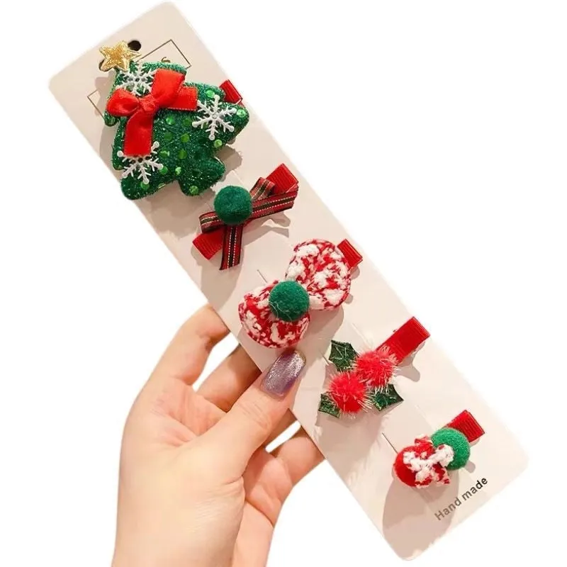 New Christmas Bow Hairpin Cute Headwear Cartoon Fabric Bell Elk Snowflake Christmas Tree Hairpin Set