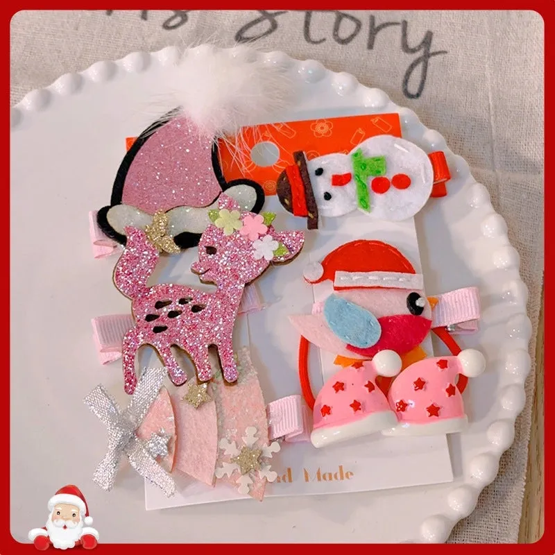 New Christmas Bow Hairpin Cute Headwear Cartoon Fabric Bell Elk Snowflake Christmas Tree Hairpin Set