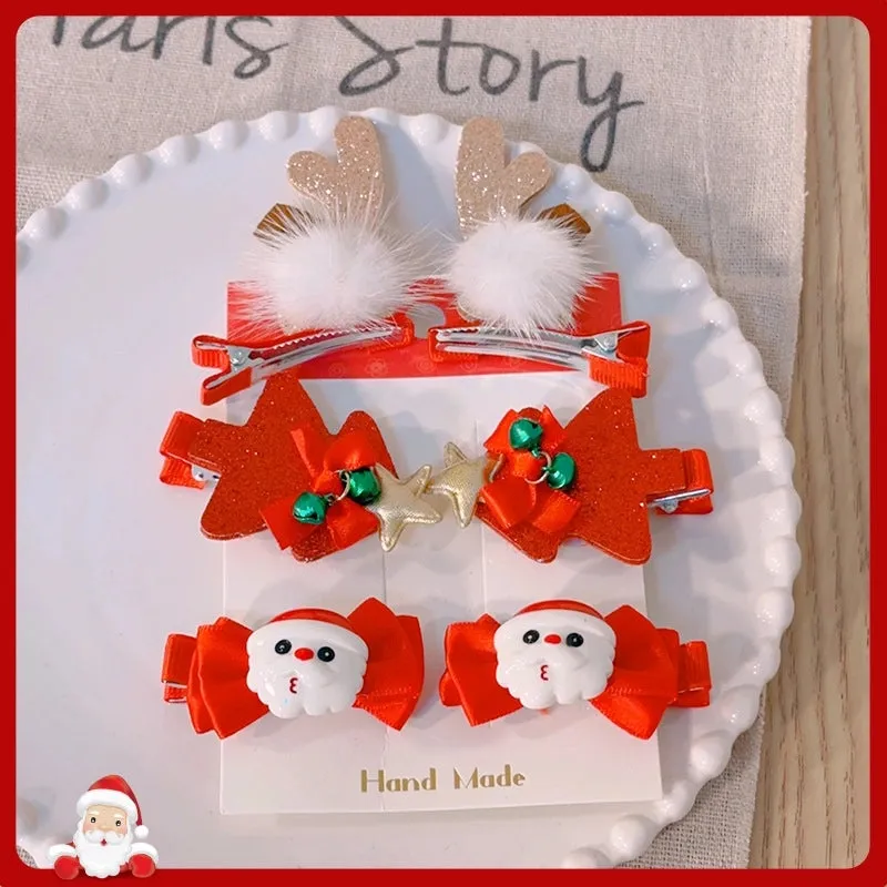 New Christmas Bow Hairpin Cute Headwear Cartoon Fabric Bell Elk Snowflake Christmas Tree Hairpin Set