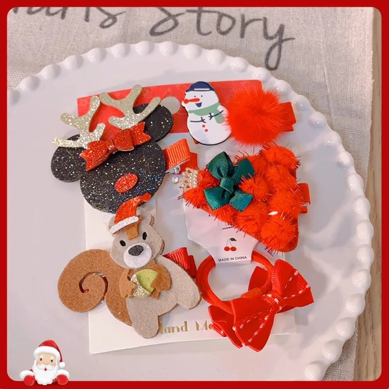 New Christmas Bow Hairpin Cute Headwear Cartoon Fabric Bell Elk Snowflake Christmas Tree Hairpin Set