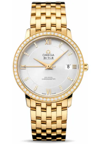 Omega De Ville Prestige Co-Axial Watch - 36.8 mm Yellow Gold Case - Diamond Bezel - Silver Diamond Dial - 424.55.37.20.52.002