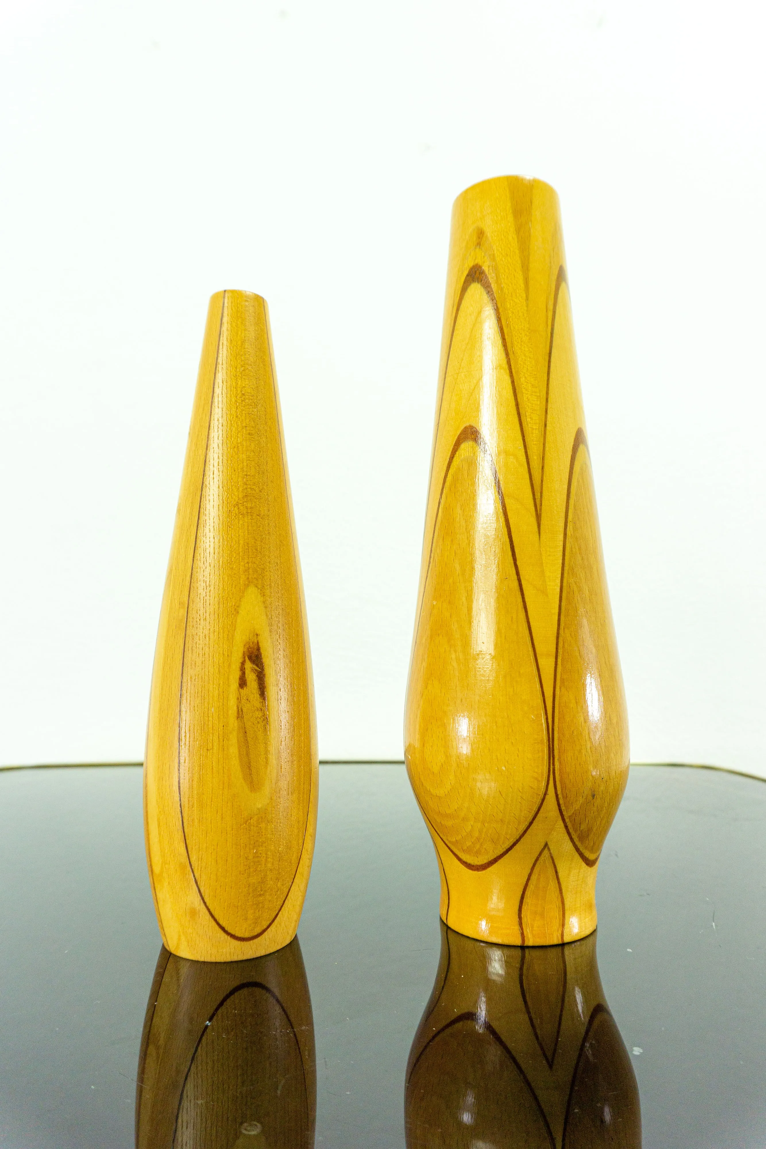 Pair of 1960s vintage conical turned WOODEN VASES