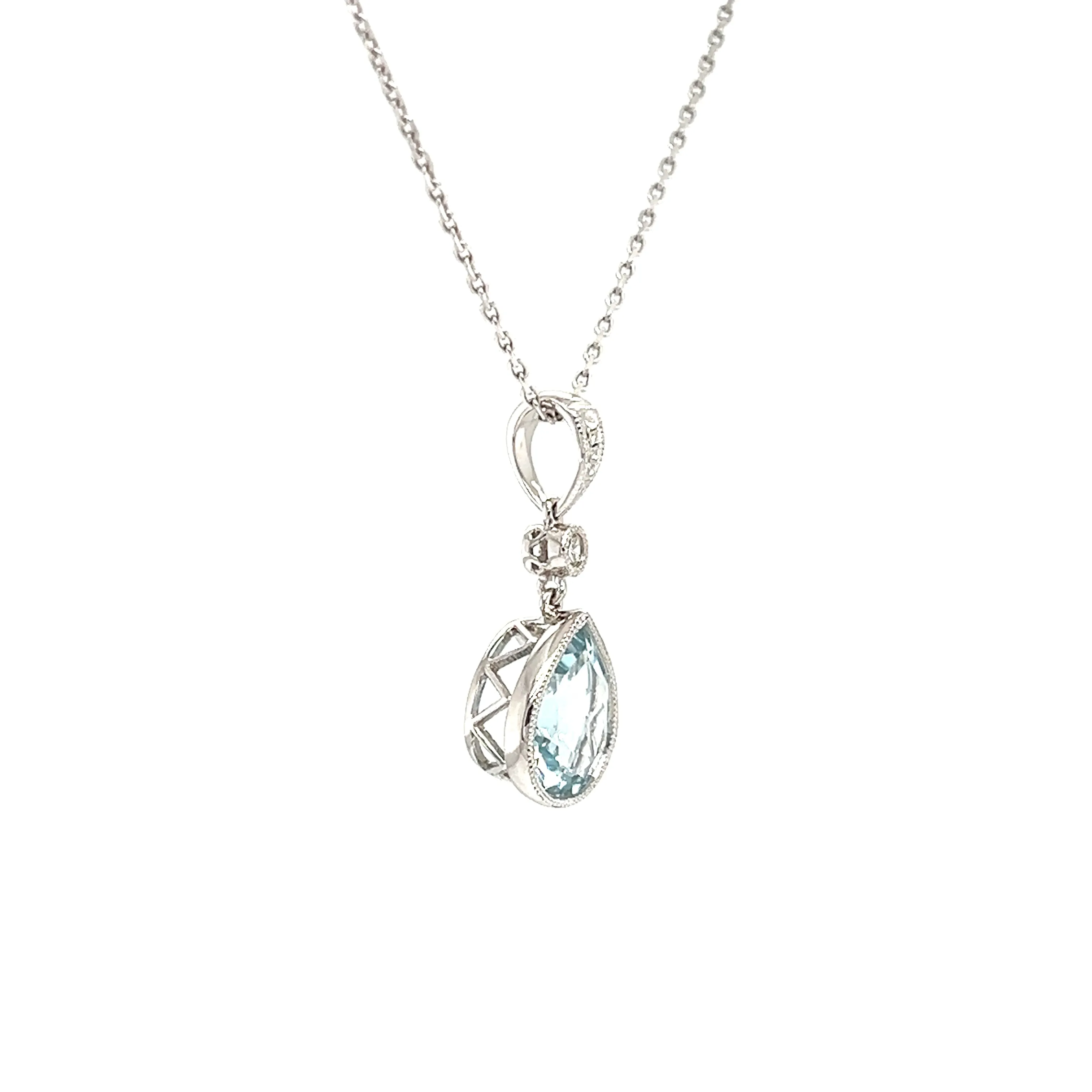 Pear Aquamarine Pendant with Filigree and Milgrain Details in 14K White Gold