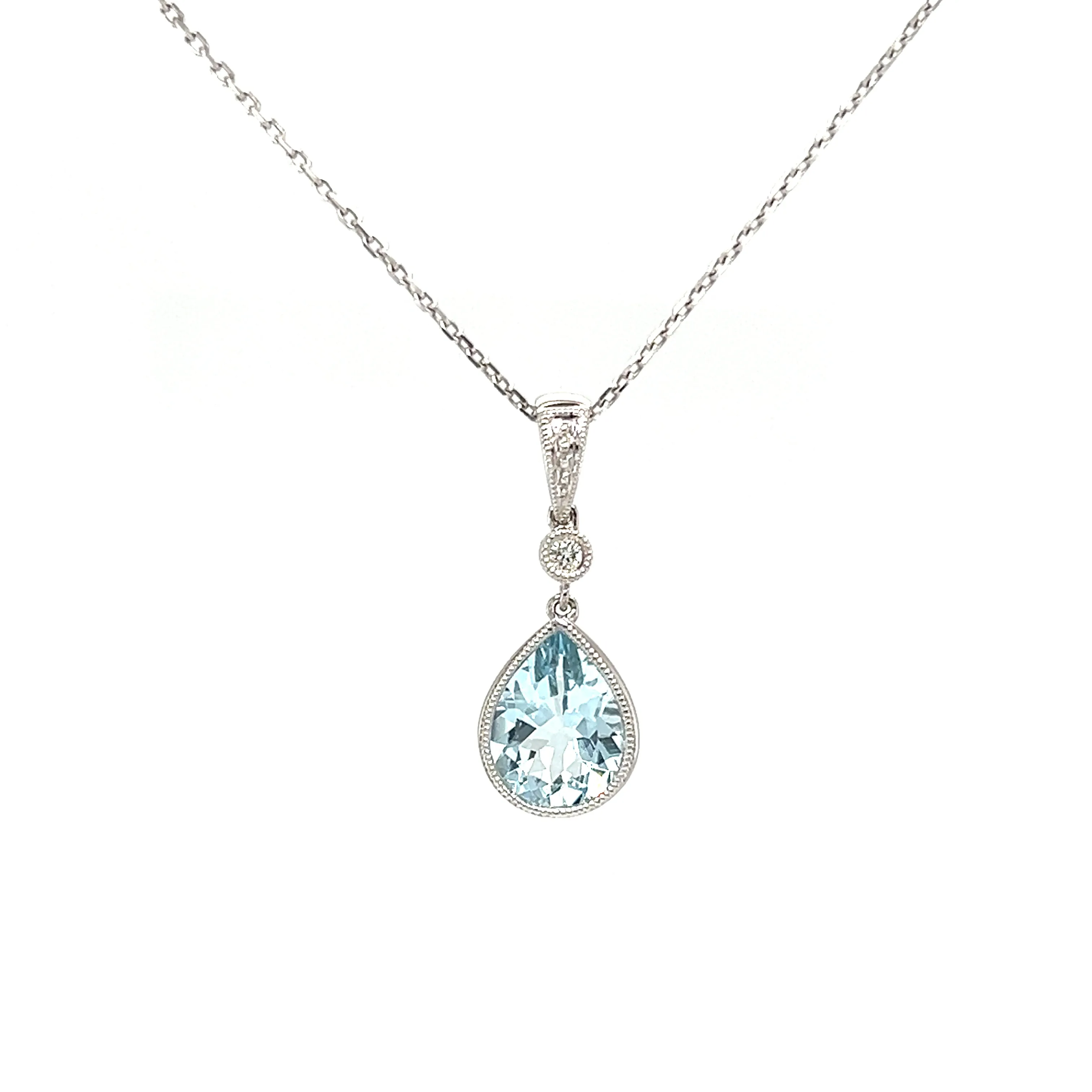 Pear Aquamarine Pendant with Filigree and Milgrain Details in 14K White Gold