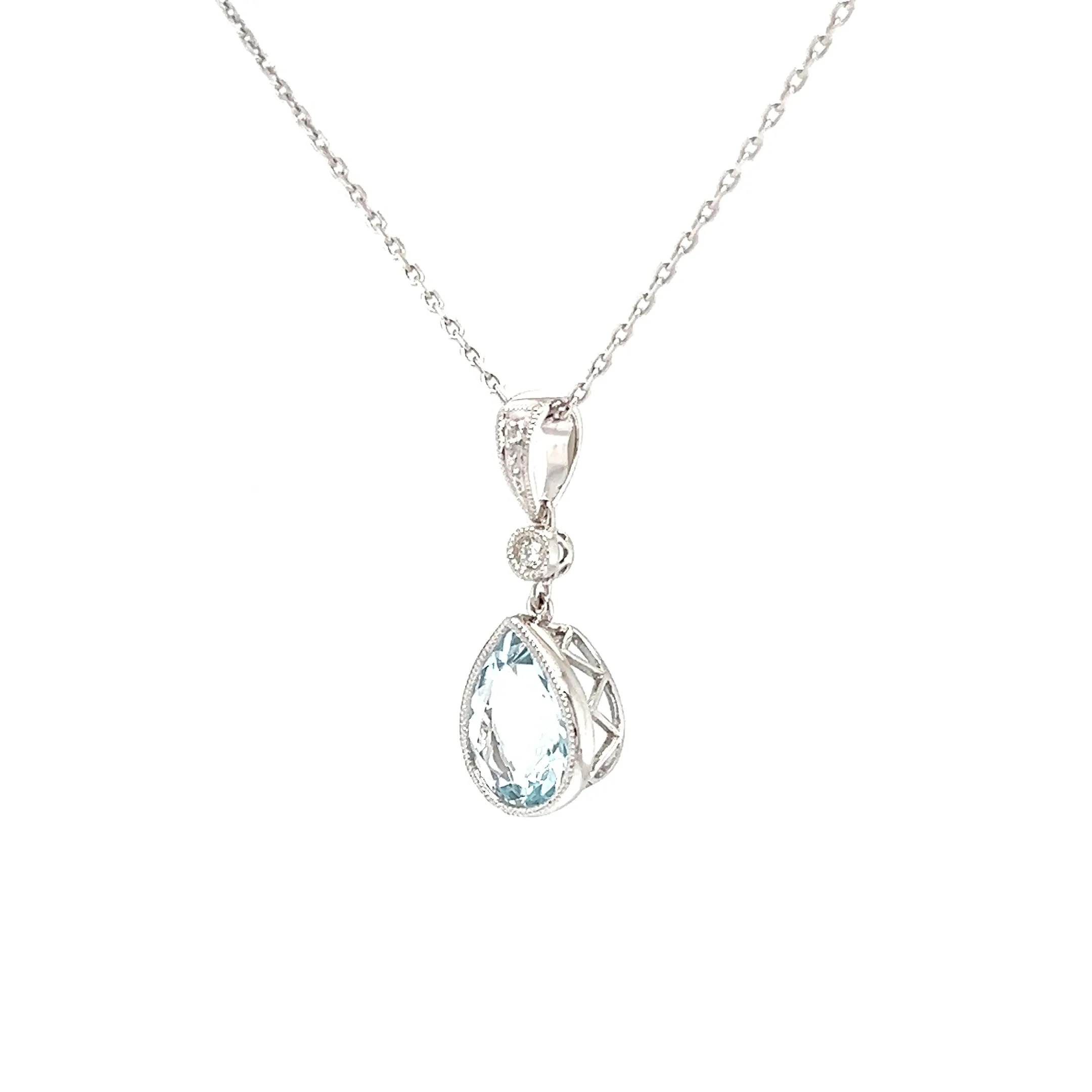 Pear Aquamarine Pendant with Filigree and Milgrain Details in 14K White Gold