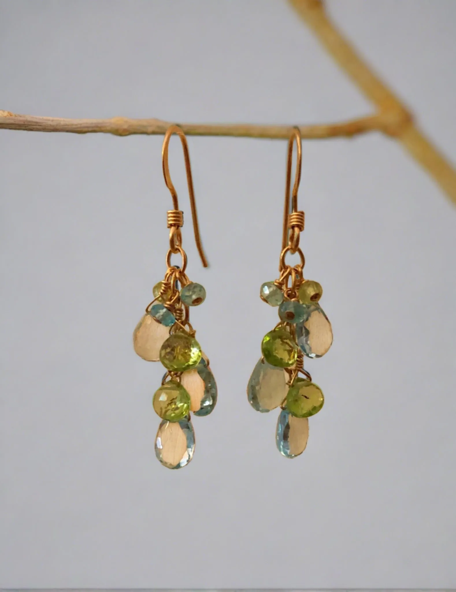 Pom Jewelry Earrings, Light Blue Topaz and Peridot in Gold Fill