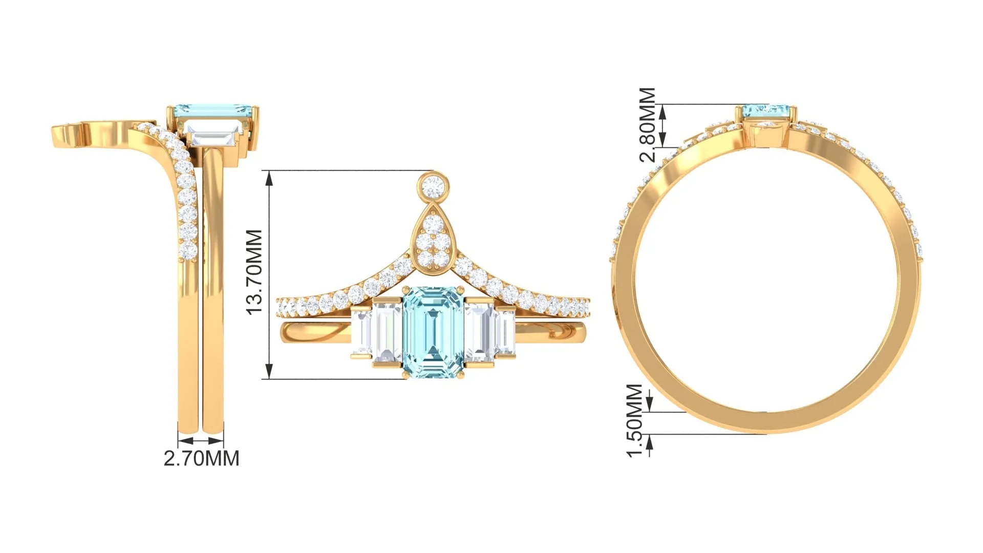 Real Aquamarine and Moissanite Stackable Ring Set