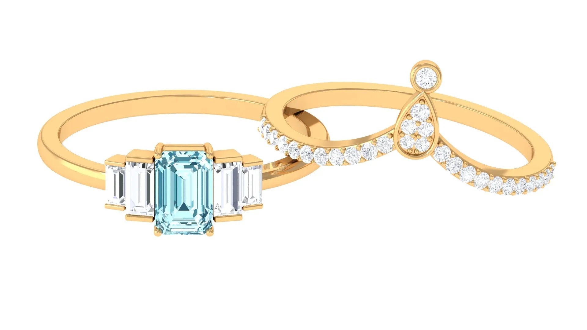 Real Aquamarine and Moissanite Stackable Ring Set