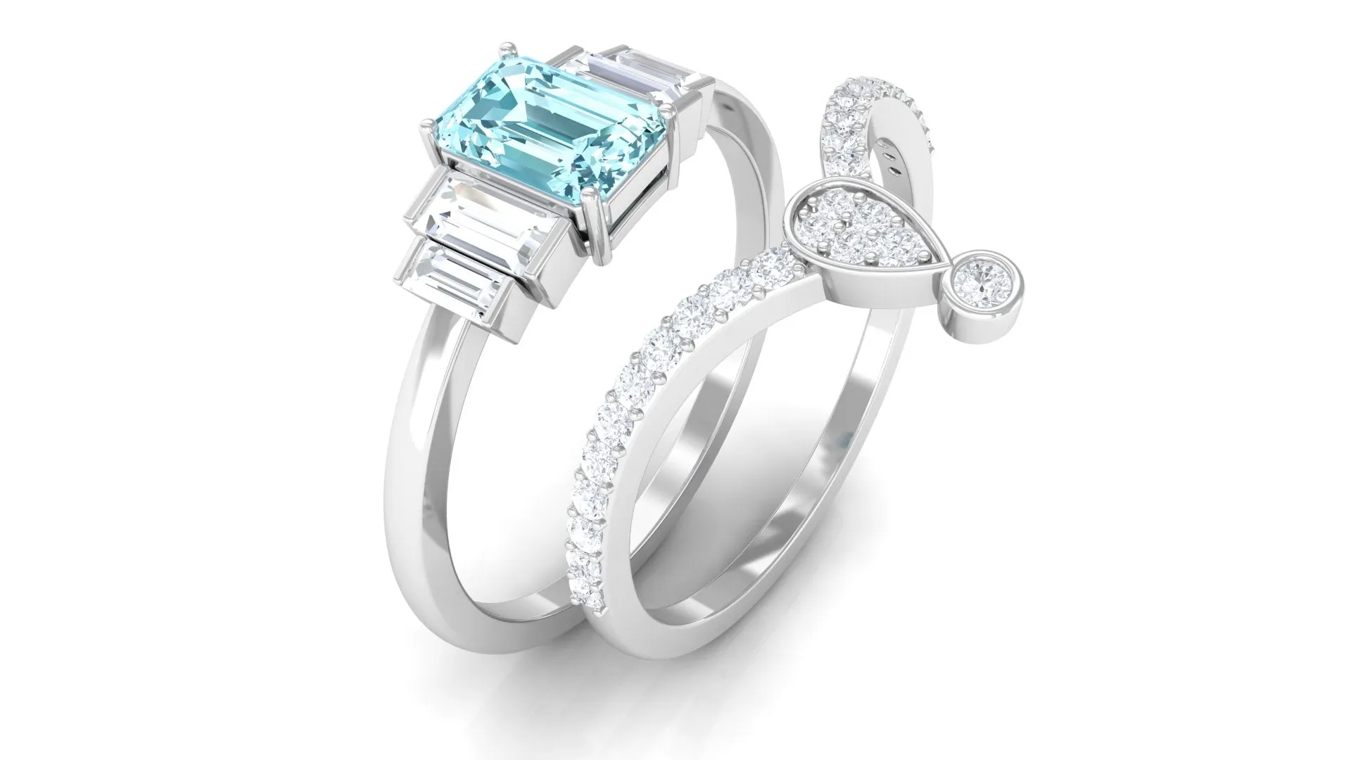 Real Aquamarine and Moissanite Stackable Ring Set