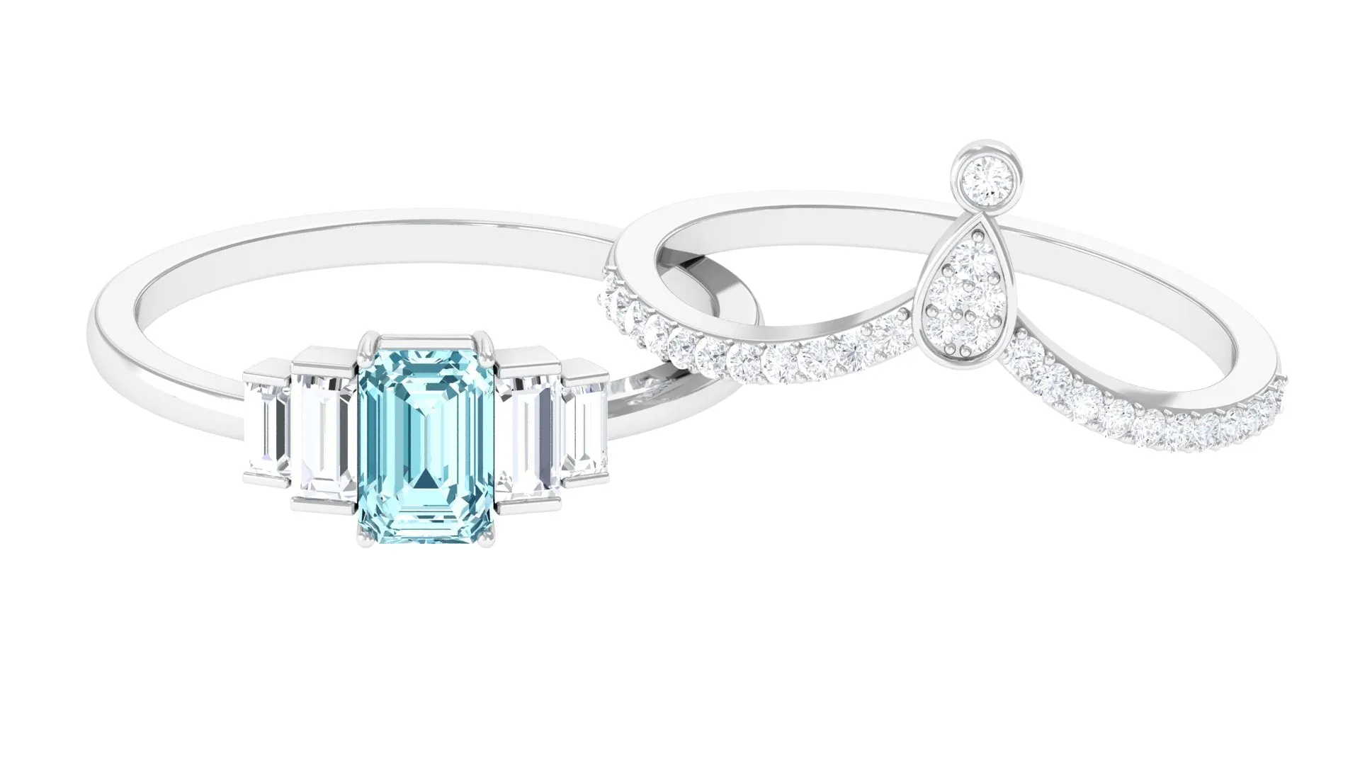 Real Aquamarine and Moissanite Stackable Ring Set