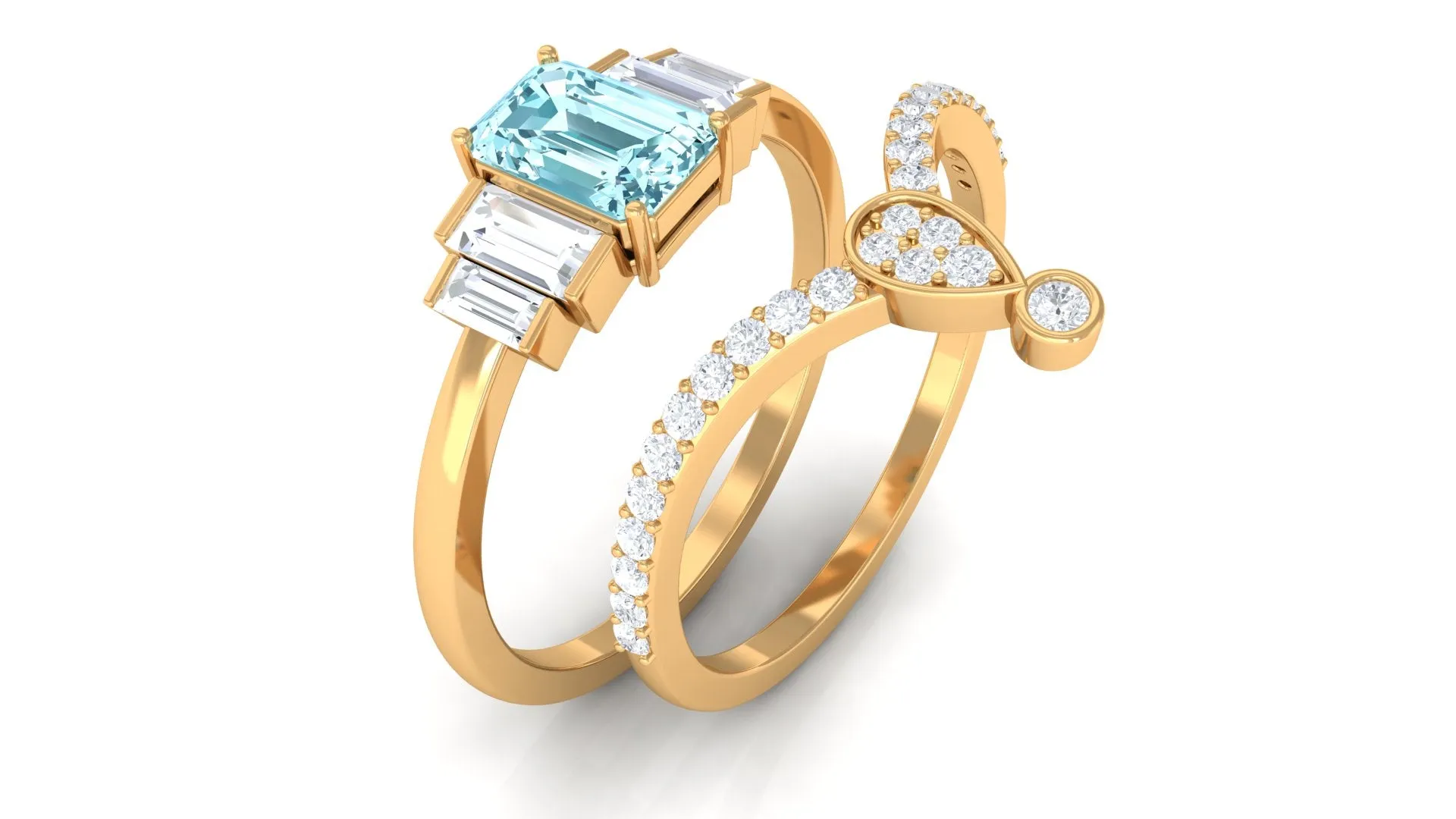 Real Aquamarine and Moissanite Stackable Ring Set