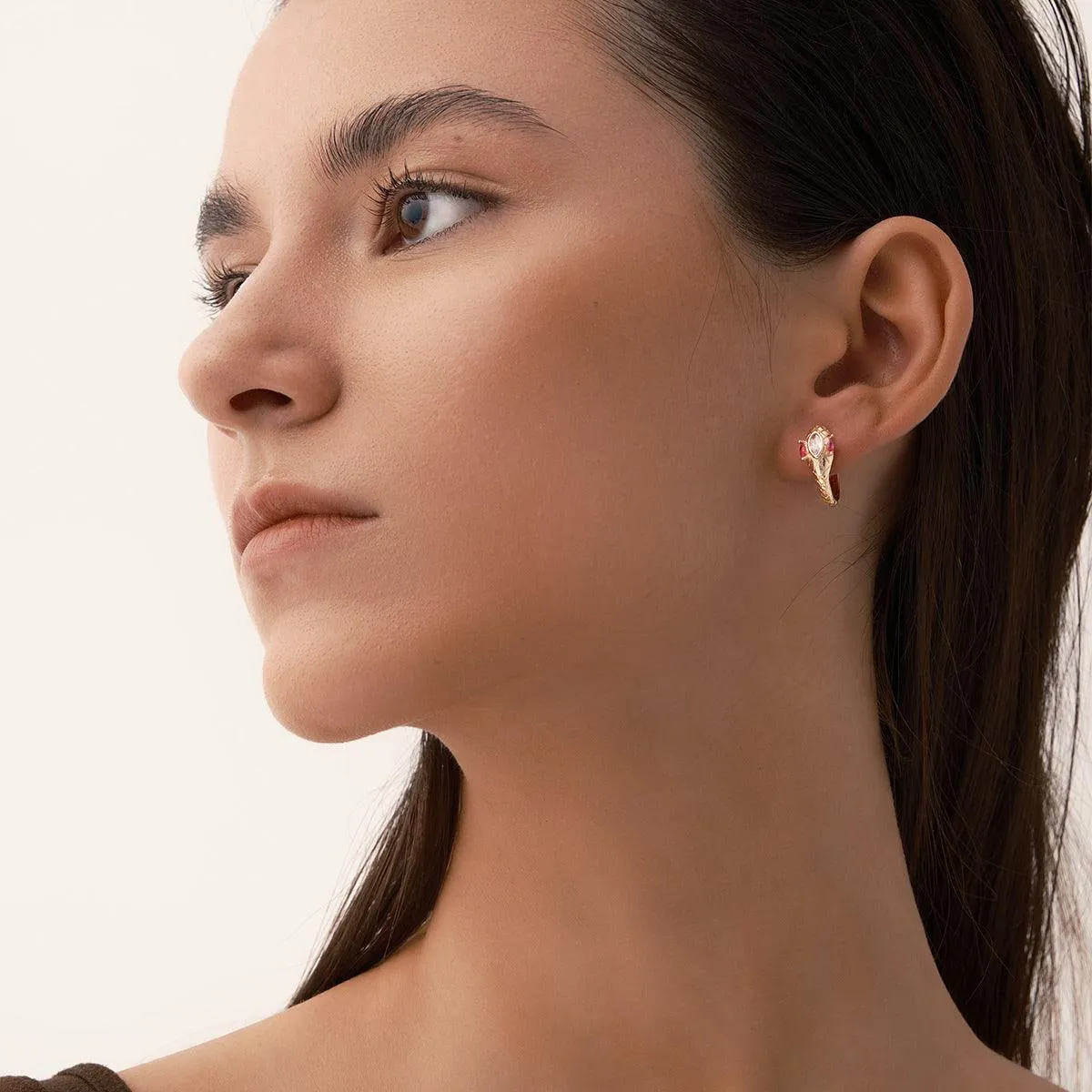 Red Spinal Snake Hoop Earrings in 14kt Gold Over Sterling Silver