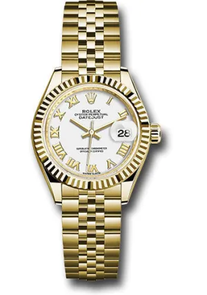 Rolex Yellow Gold Lady-Datejust 28 Watch - Fluted Bezel - White Roman Dial - Jubilee Bracelet - 279178 wrj