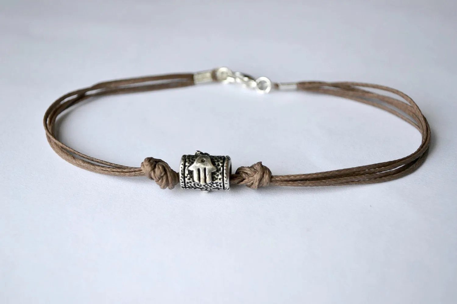 Silver bead Hamsa bracelet for men, brown cord