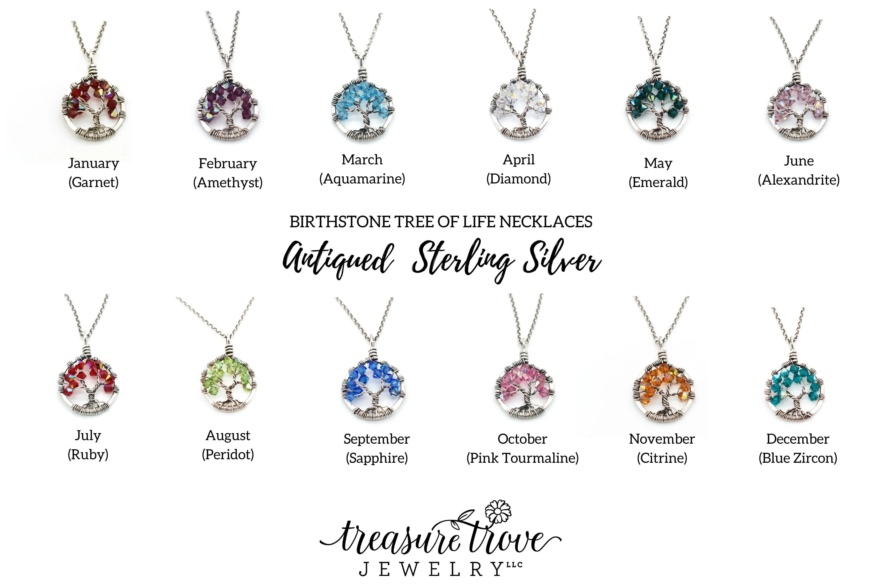 Silver Blue Zircon Tree of Life Crystal Necklace (December)