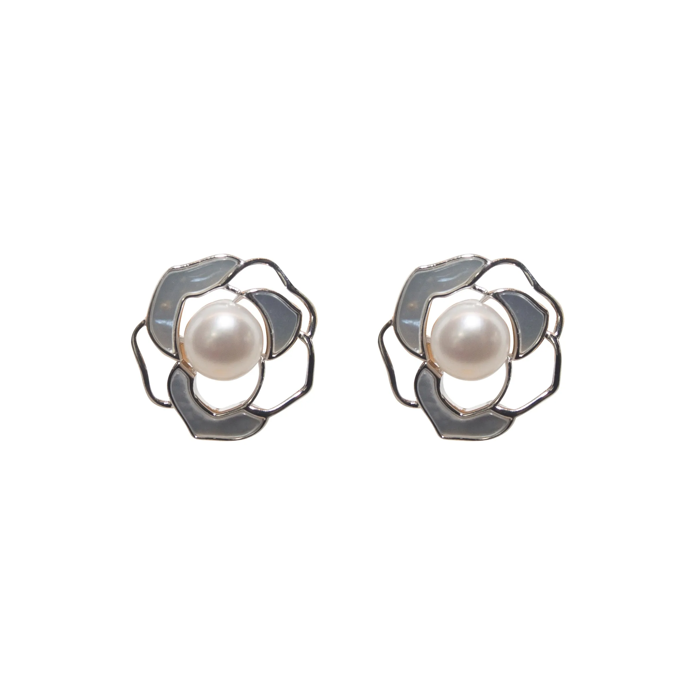 Silver Rosette Pearl Studs