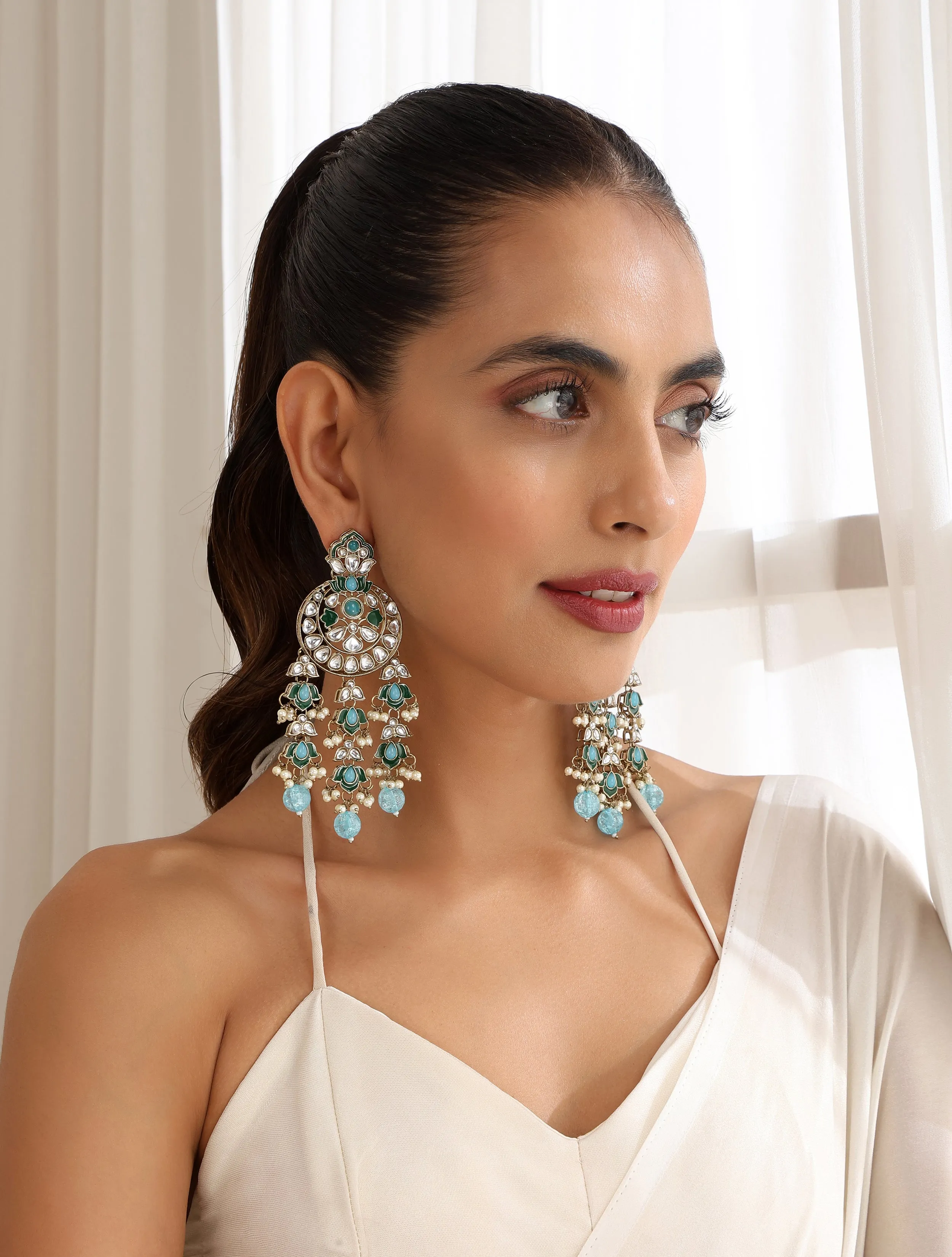 Sky Blue Color Kundan Long Earrings