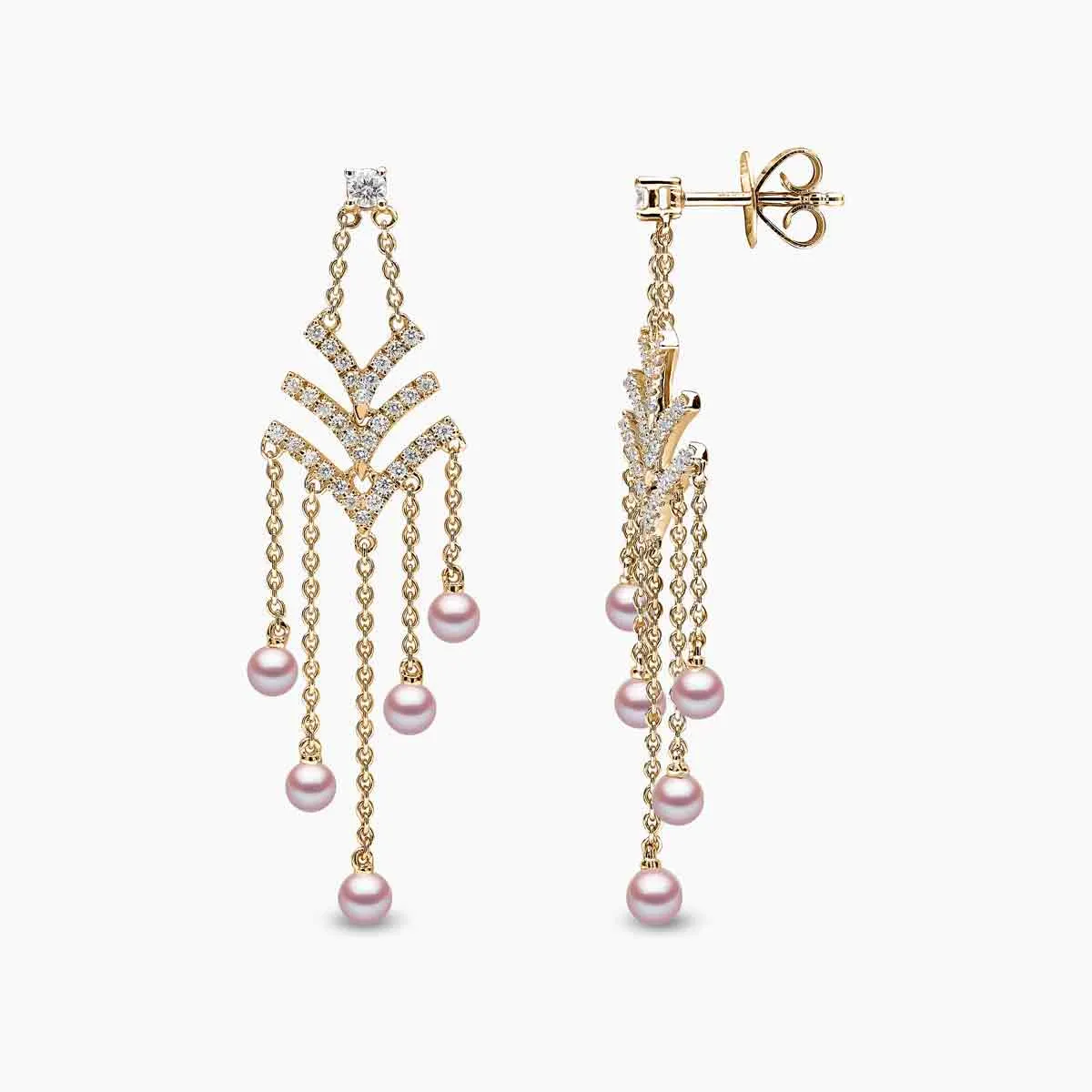 Sleek 18K Gold Pearl and Diamond V Chain Drop Earrings