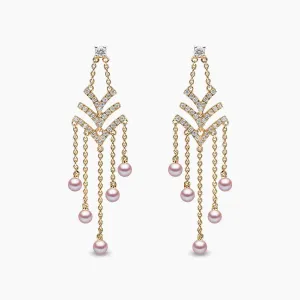 Sleek 18K Gold Pearl and Diamond V Chain Drop Earrings