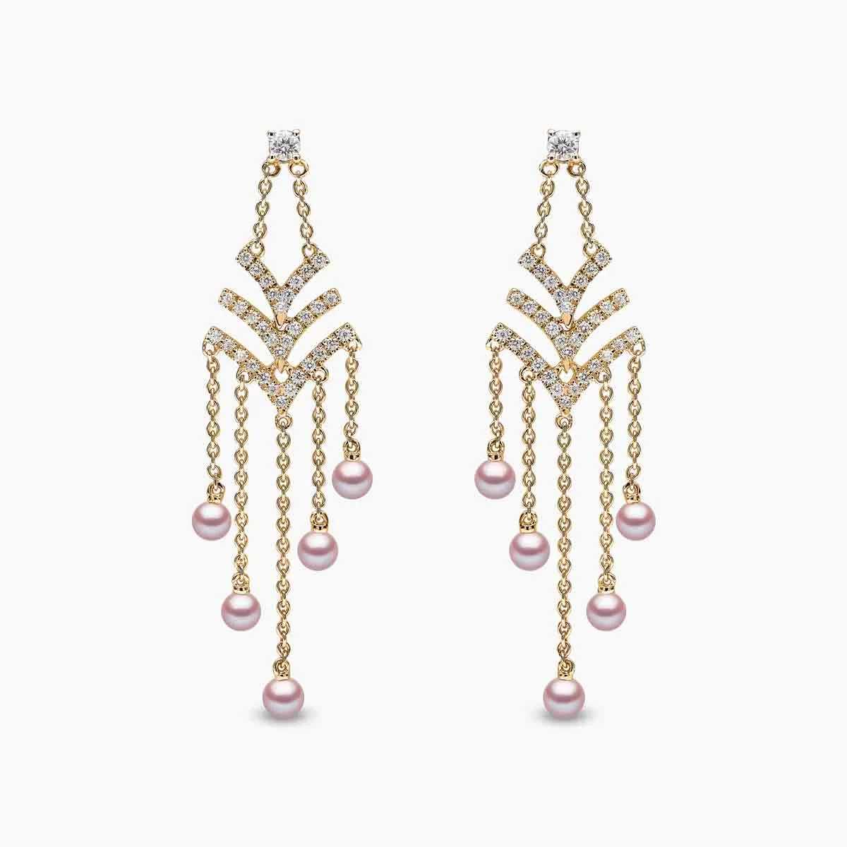 Sleek 18K Gold Pearl and Diamond V Chain Drop Earrings