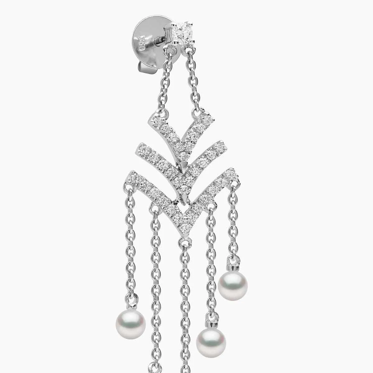 Sleek 18K Gold Pearl and Diamond V Chain Drop Earrings