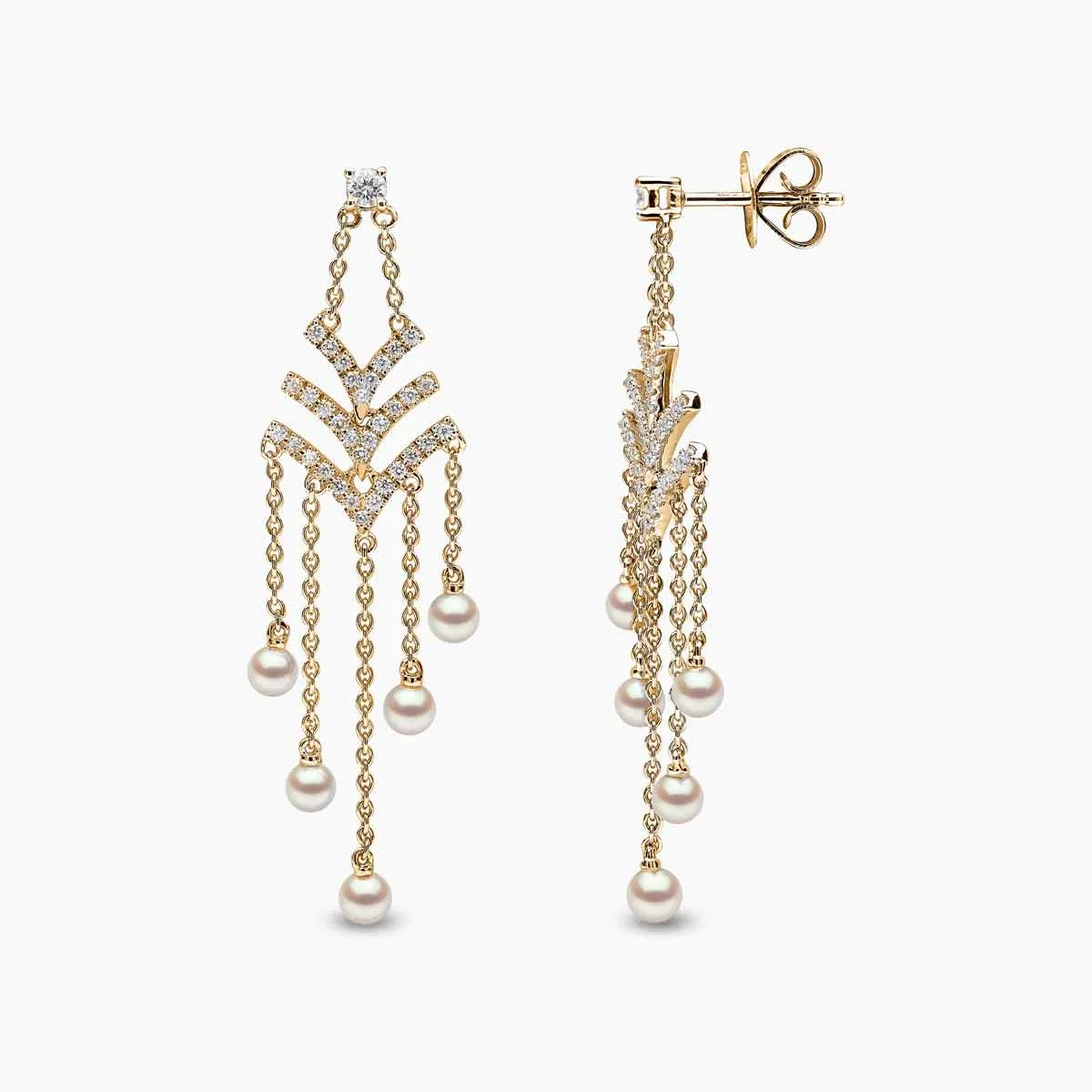 Sleek 18K Gold Pearl and Diamond V Chain Drop Earrings