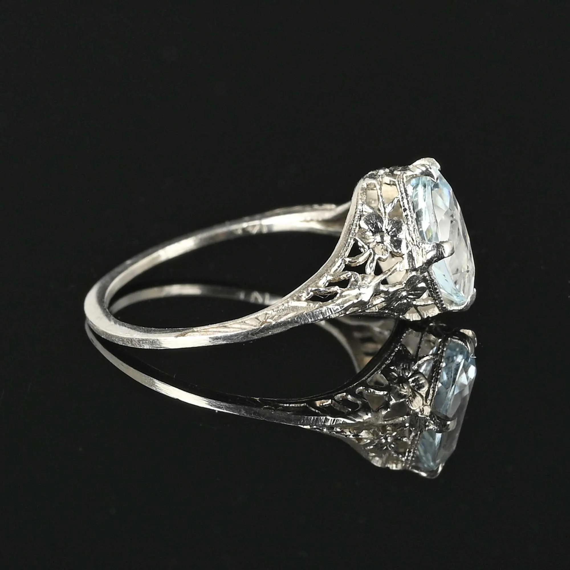 SOLD Marquise Aquamarine Ring, 14K White Gold Filigree