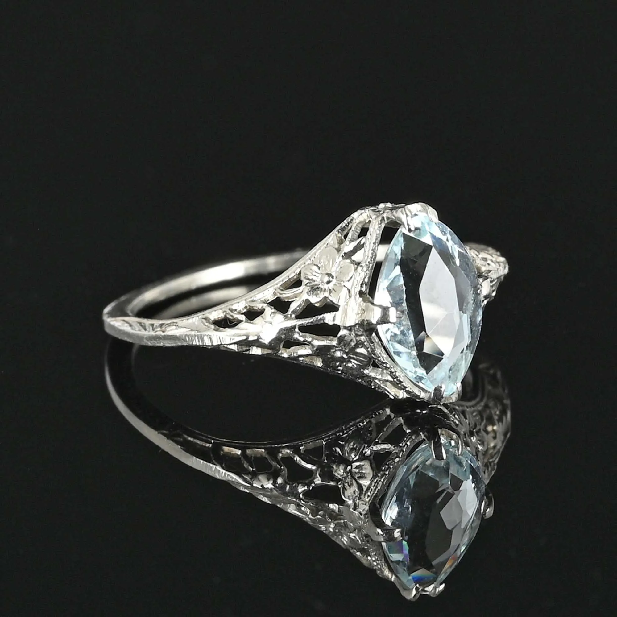 SOLD Marquise Aquamarine Ring, 14K White Gold Filigree