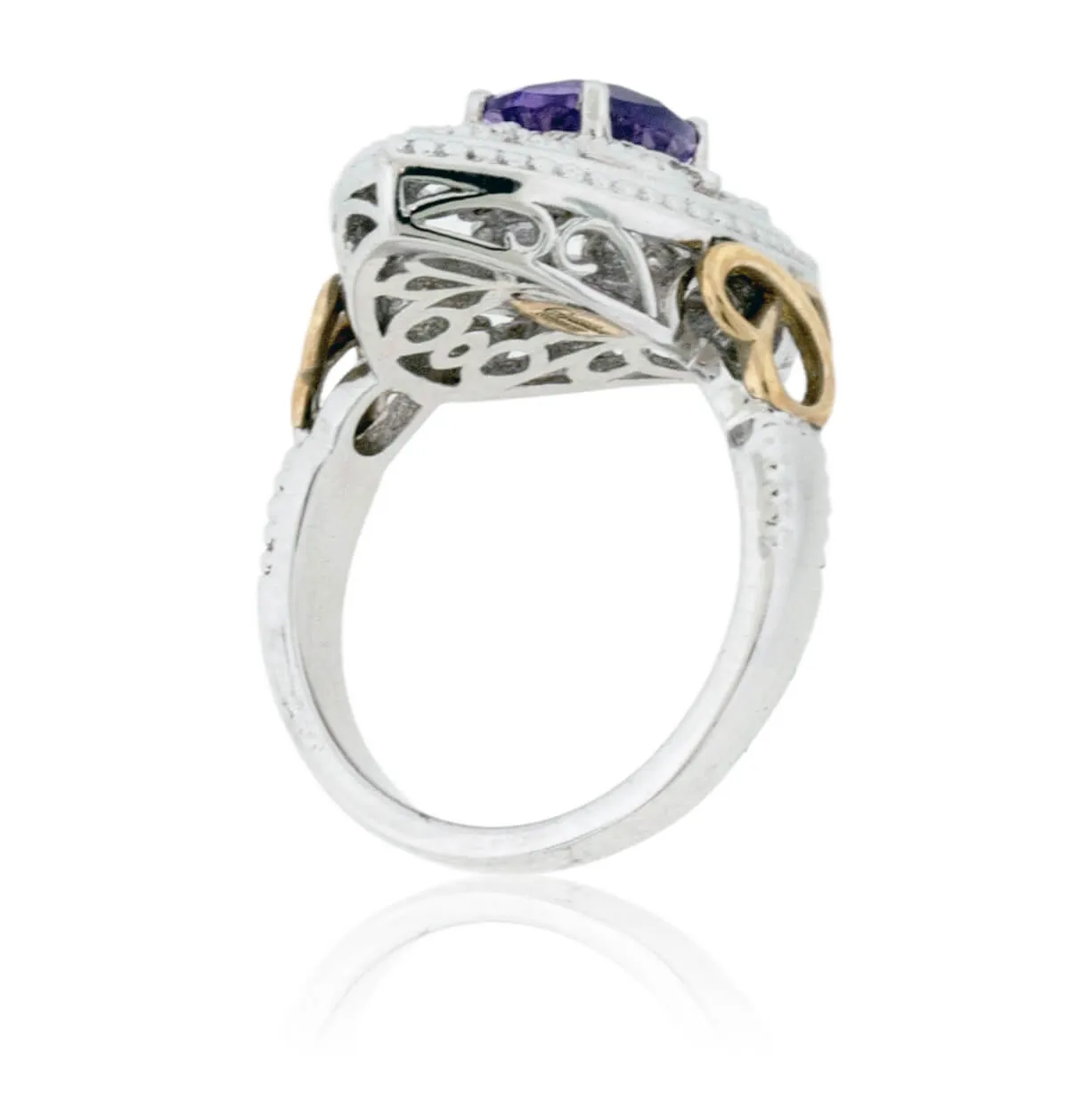 Sterling Silver & Gold Shield Style Amethyst & Diamond Fashion Band