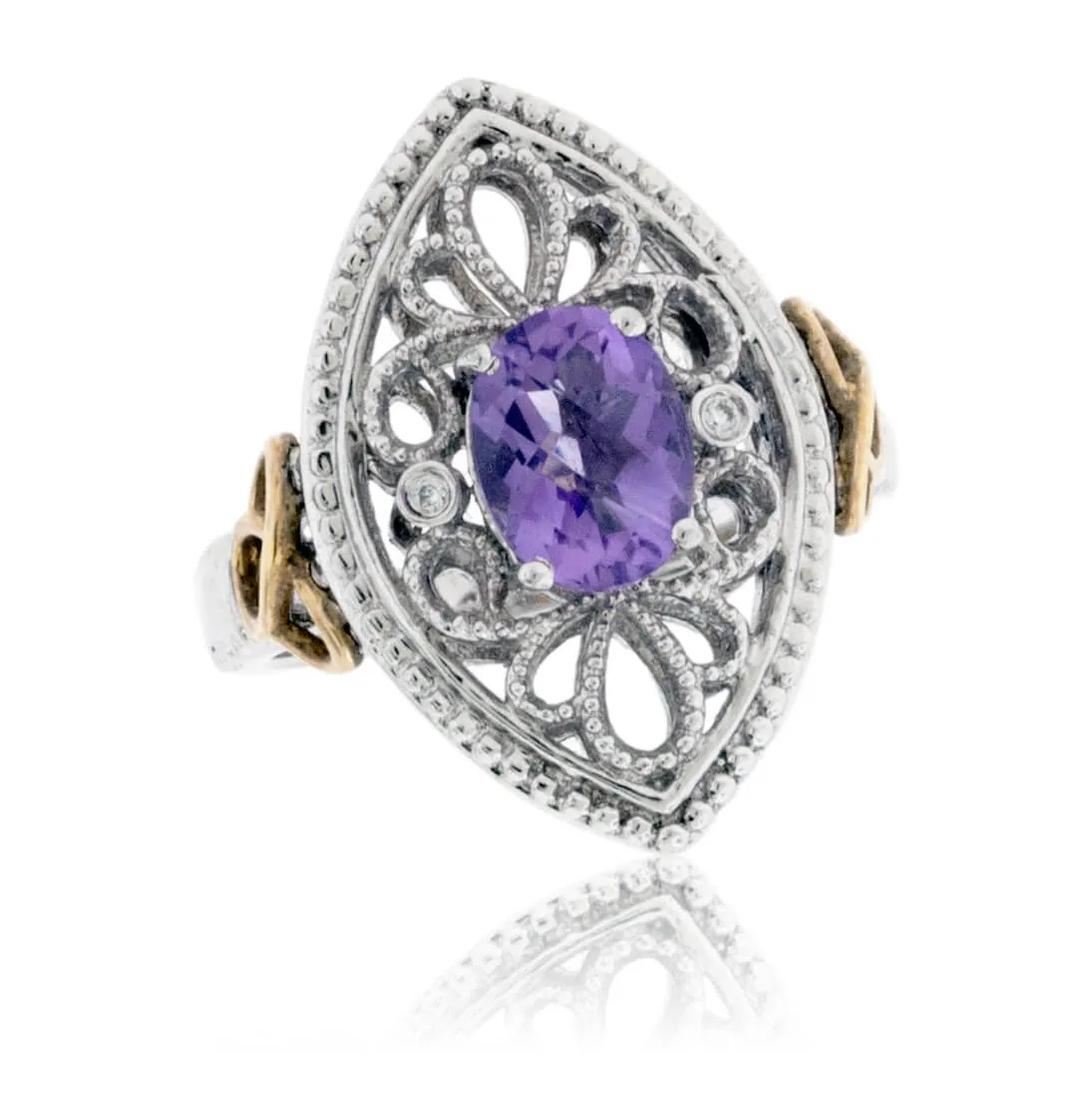 Sterling Silver & Gold Shield Style Amethyst & Diamond Fashion Band