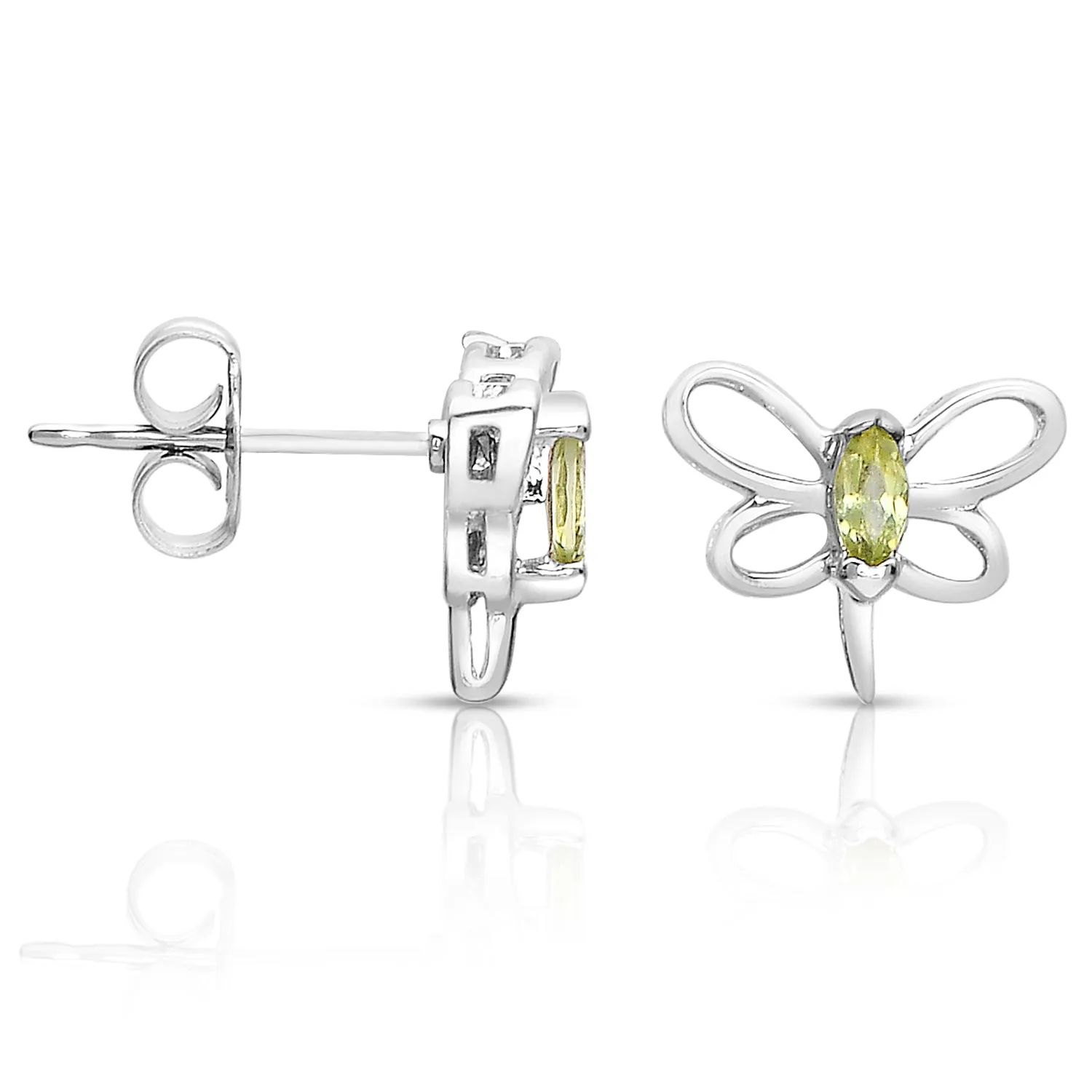 Sterling Silver White Gold Plated with Peridot Tourmaline Gemstone Butterfly Stud Earrings