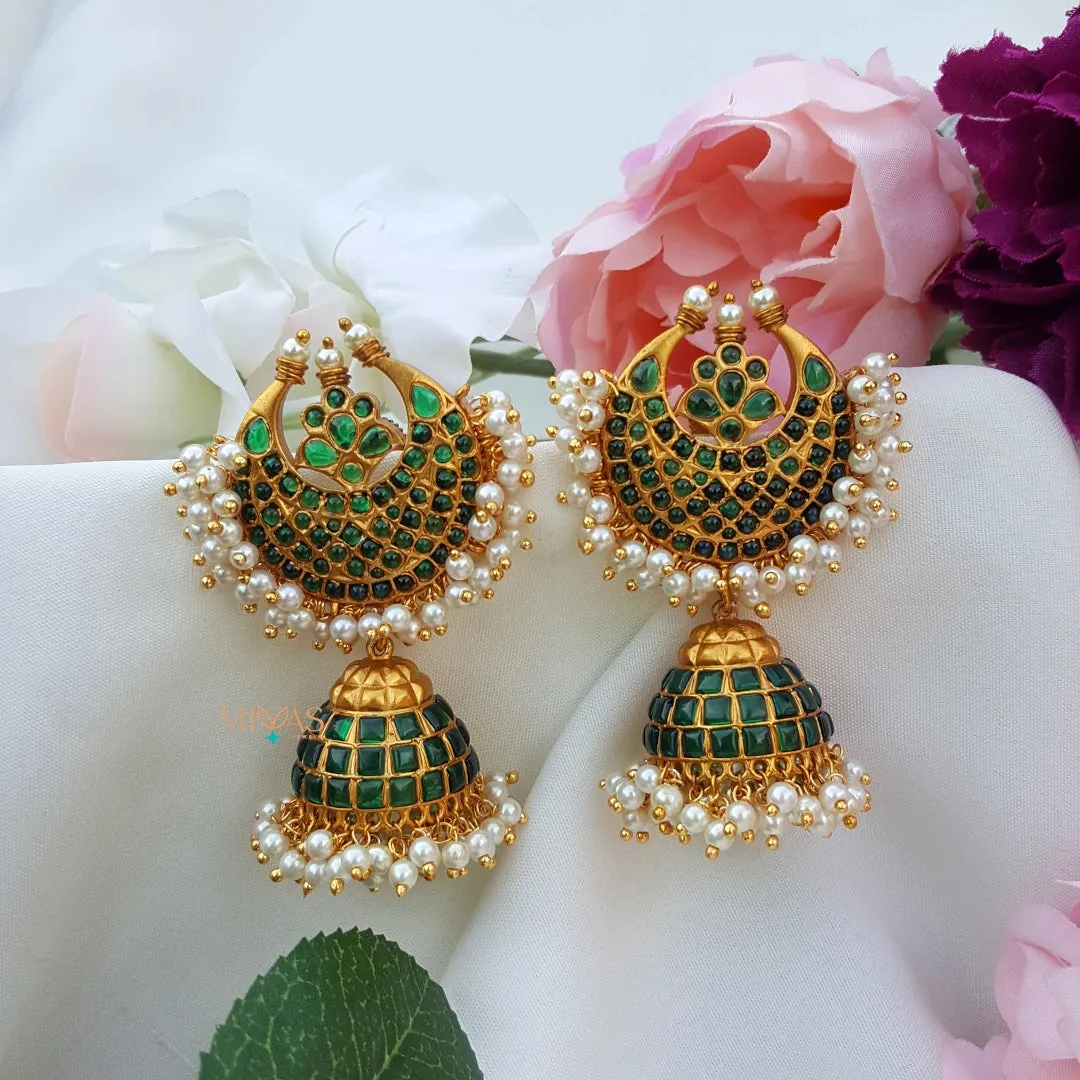 Stylish Crescent Shaped Kemp Stone Jhumka - Green