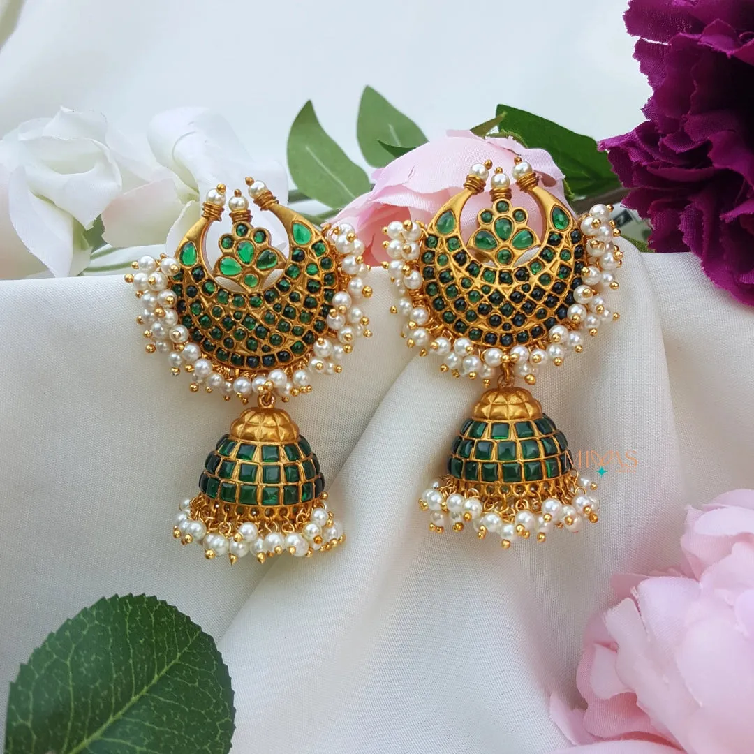 Stylish Crescent Shaped Kemp Stone Jhumka - Green