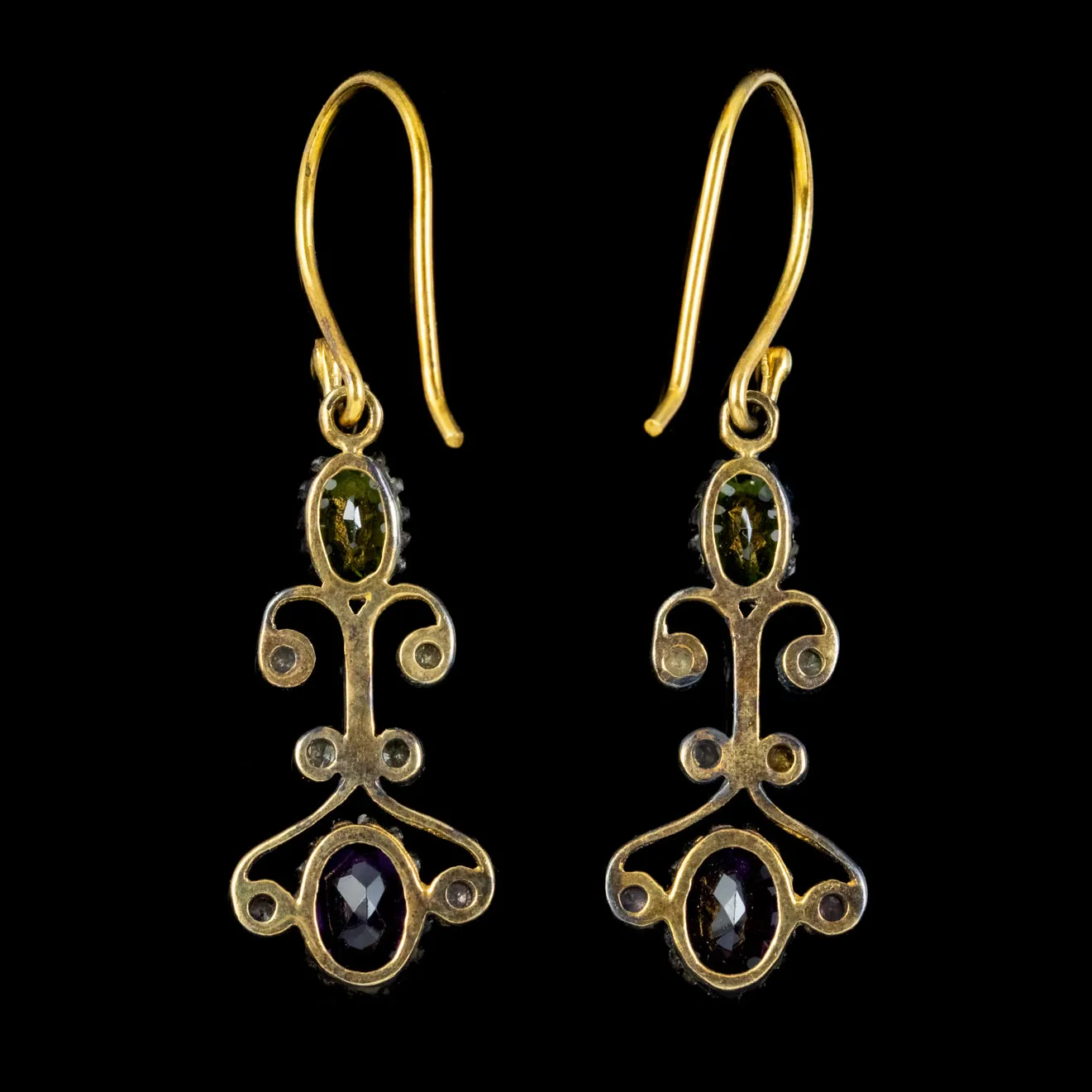 Suffragette Drop Earrings Amethyst Peridot Diamond Silver 18ct Gold