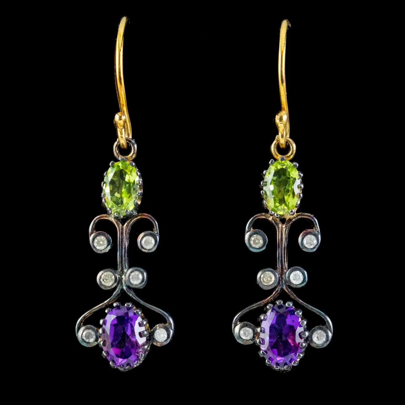 Suffragette Drop Earrings Amethyst Peridot Diamond Silver 18ct Gold