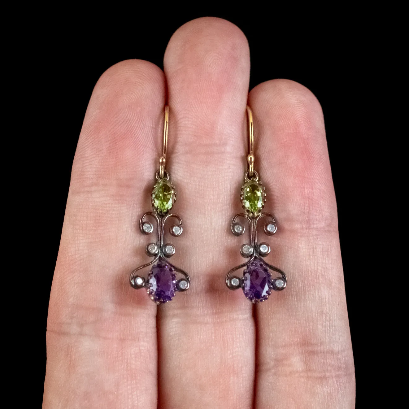 Suffragette Drop Earrings Amethyst Peridot Diamond Silver 18ct Gold