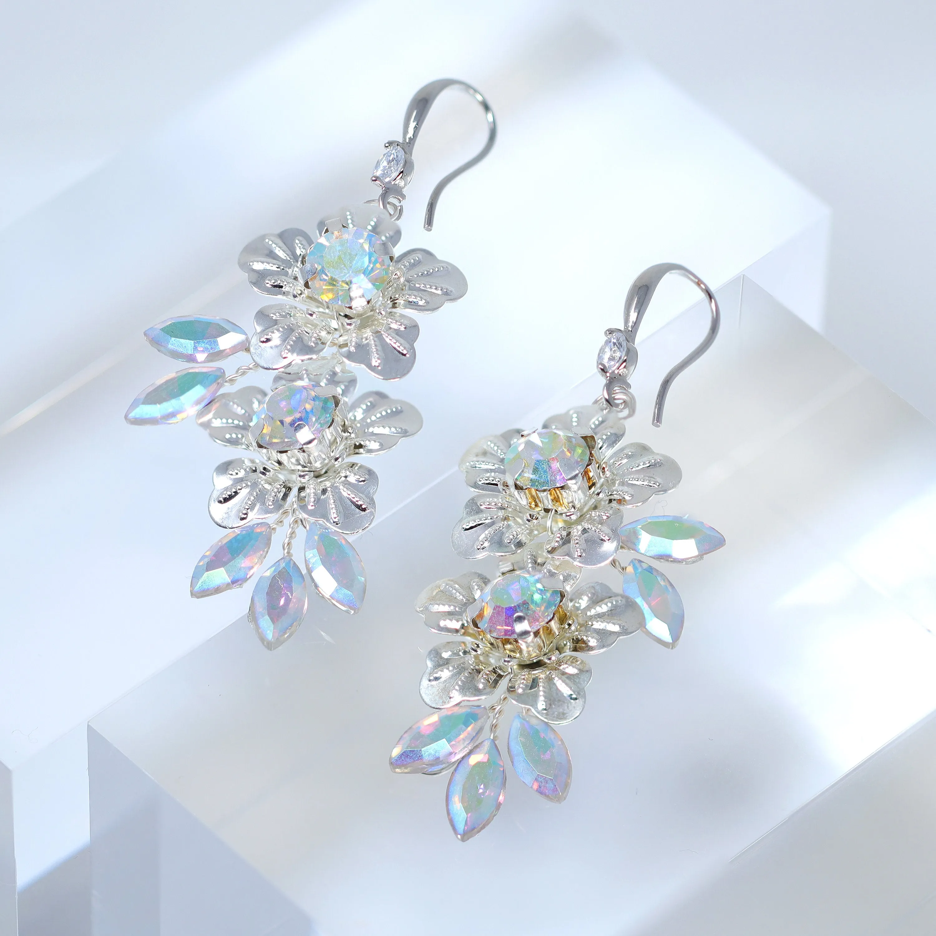 Swarovski Crystal Rainbow Silver Floral Leaves Drop Ab Crystal Earrings, Long Bridal Earrings, Crystal Bridal Earrings, Statement Earrings.