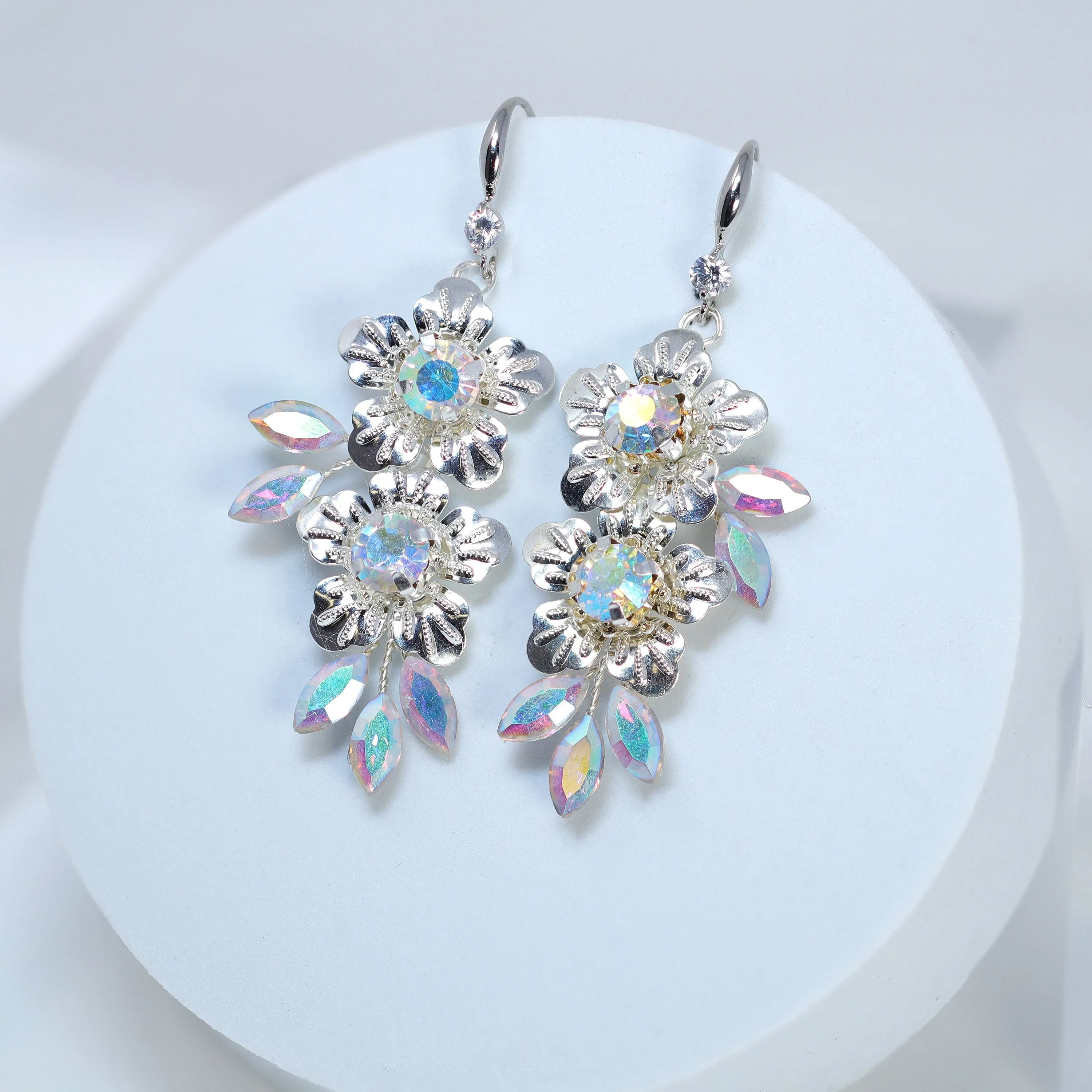 Swarovski Crystal Rainbow Silver Floral Leaves Drop Ab Crystal Earrings, Long Bridal Earrings, Crystal Bridal Earrings, Statement Earrings.