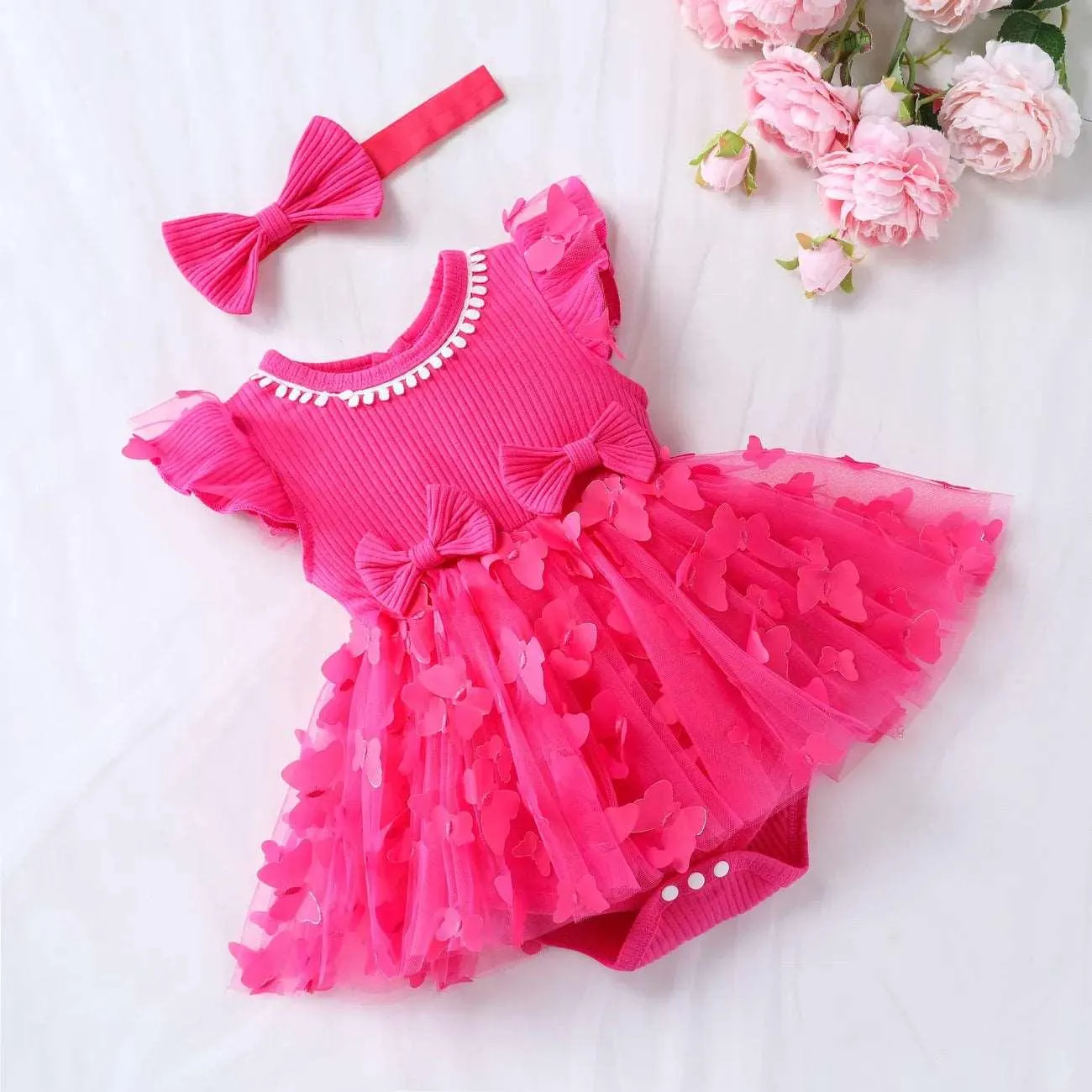 Sweet Mesh Solid Pink Butterfly Dresses & Hairpin Set - Baby Girl (2Pcs)