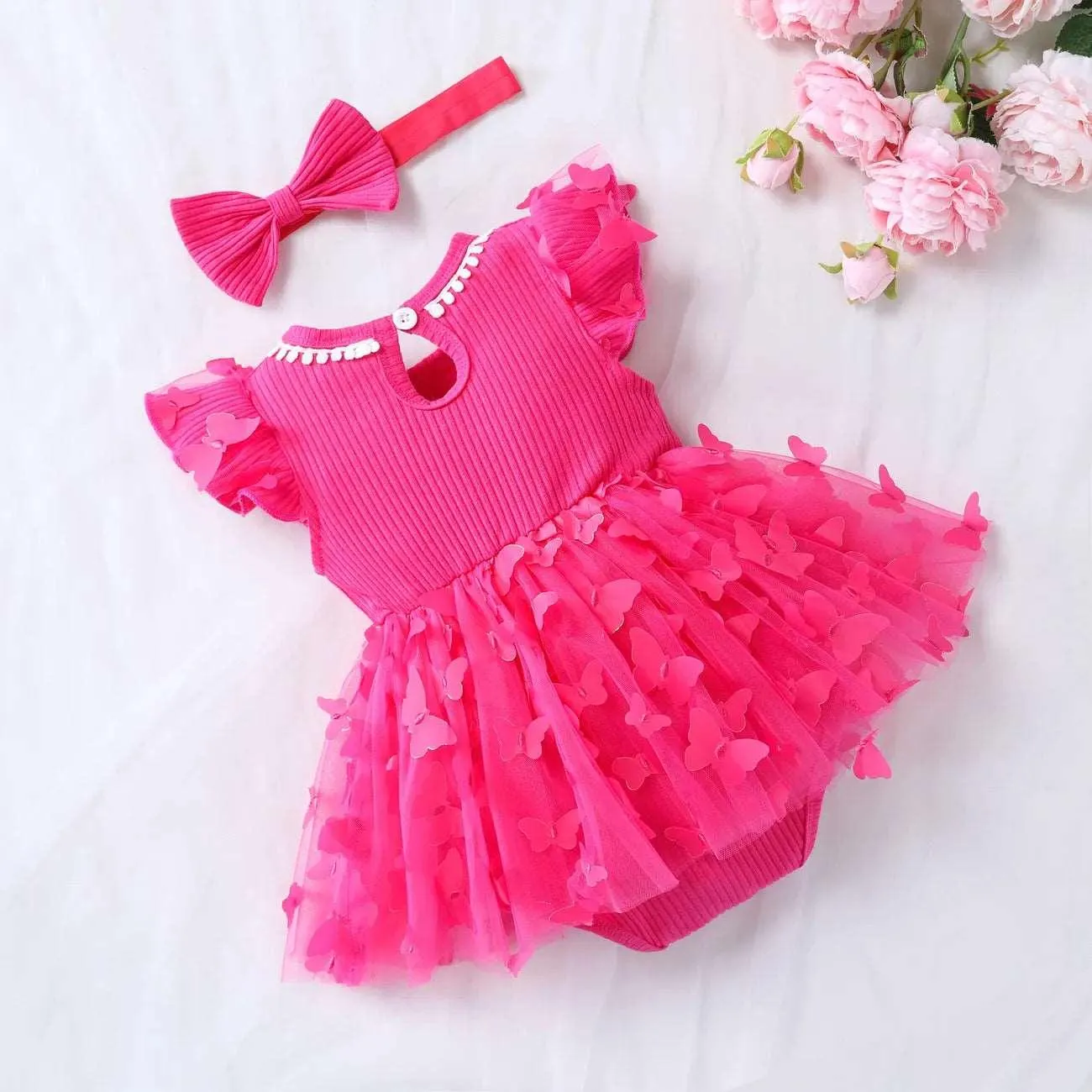 Sweet Mesh Solid Pink Butterfly Dresses & Hairpin Set - Baby Girl (2Pcs)